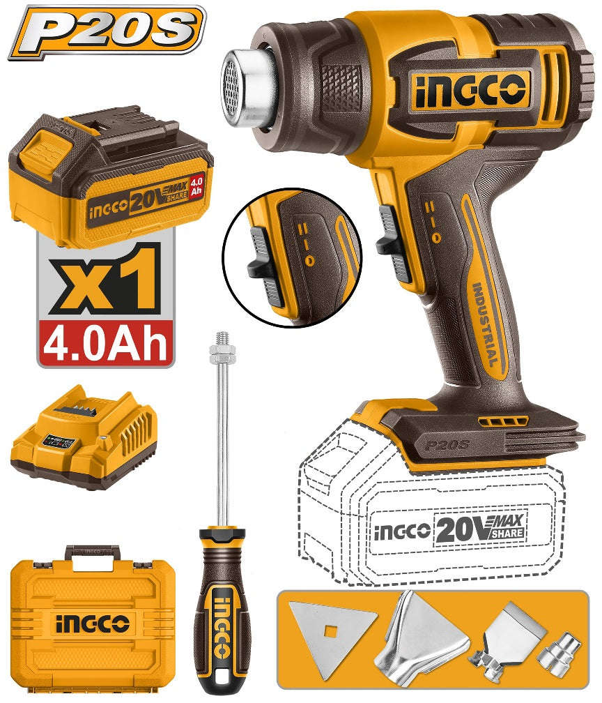 INGCO 20V cordless heat gun with 300/550°C temperature and 100/200 L/min airflow HGLI20065