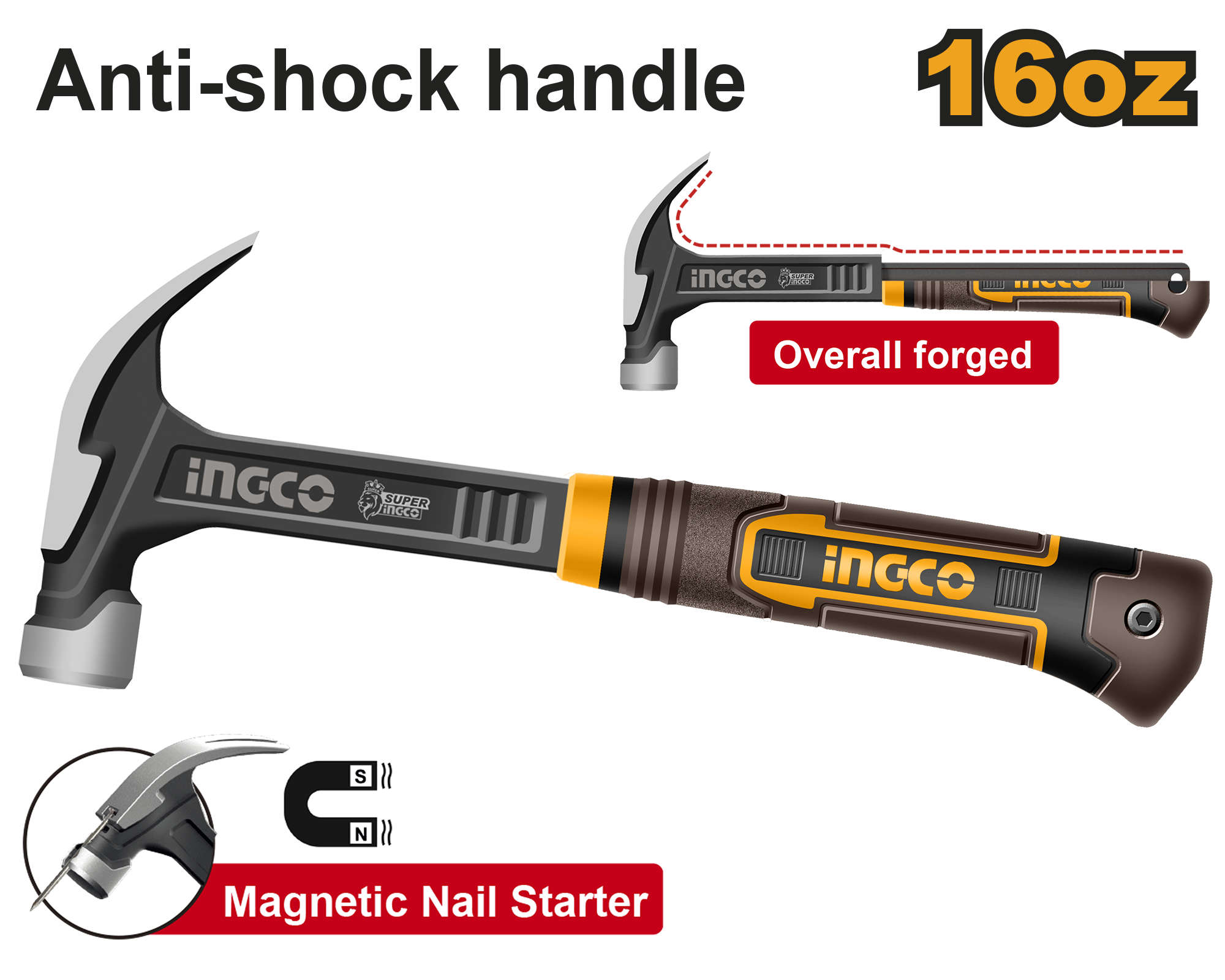 INGCO 473.18 ml (450 g) claw hammer with metal front and anti-shock handle, magnetic nail function, drop-forged and heat-treated hammer head, 345 mm length HCH81016L