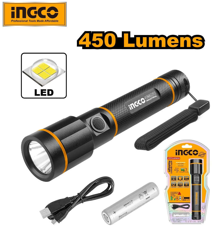 INGCO Waterproof rechargeable LED flashlight 450 lumens with 5 light modes and aviation-grade aluminum body HCFL1865051