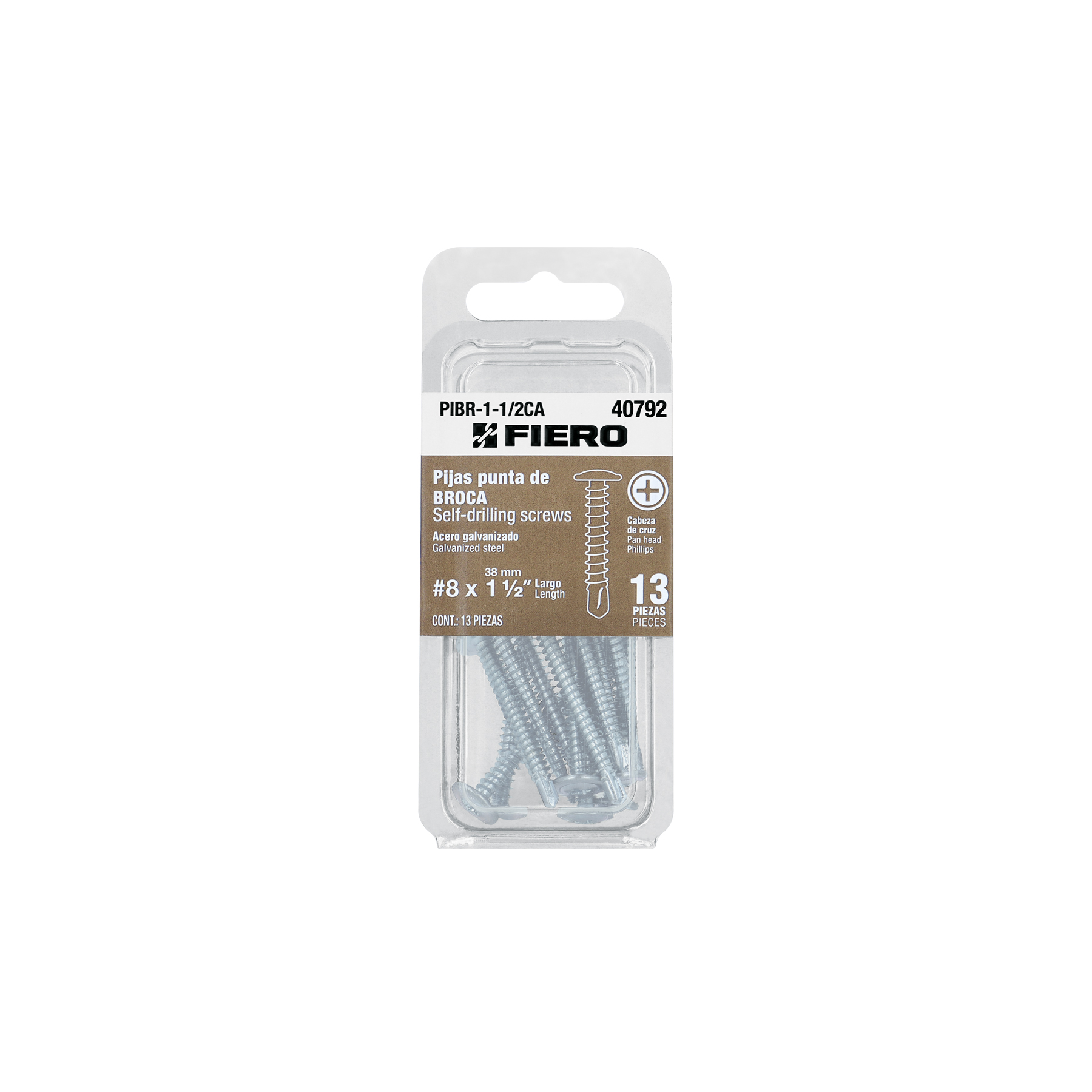 Fiero Self-Drilling Screws, #8 x 38 mm, Pack of 13, Galvanized Steel, Pan Head Phillips 40792