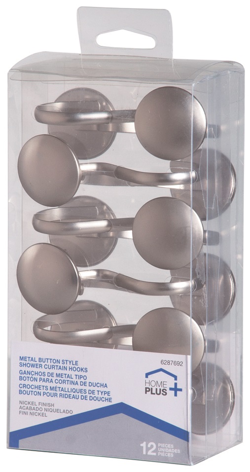 Home Plus Shower Curtain Hooks, Pack of 12, Metal Button Style, Nickel Finish WE-1