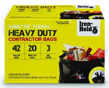 Iron-Hold Contractor Bags, 47.5L, 3 Mil Thickness, Heavy Duty, Pack of 20 Bags, Black 1652986