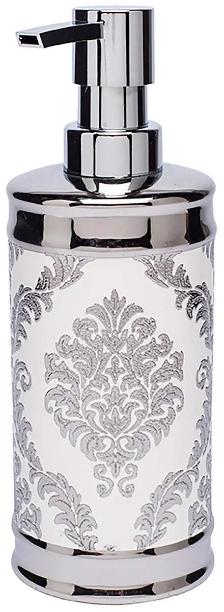 Moda At Home Damask Soap Pump, 384.46 ml. Ceramic, White/Silver 104126