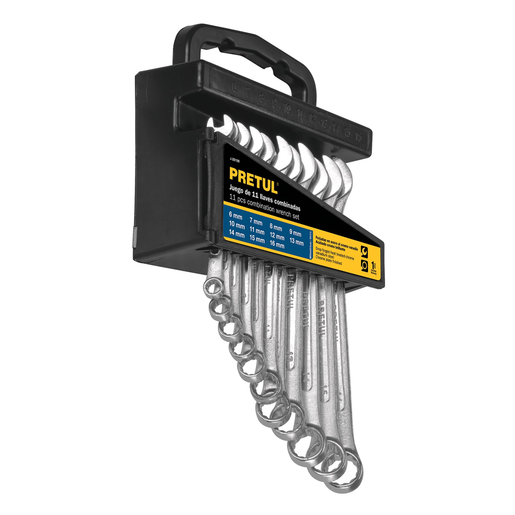 Pretul Combination Wrench Set 11 Pieces, 6 mm, 7 mm, 8 mm, 9 mm, 10 mm, 11 mm, 12 mm, 13 mm, 14 mm, 15 mm & 16 mm, Chrome Vanadium Steel, Chrome Plate Finished, Silver, Measure Marked For Easy Identification, Practical Organizer Case 21991