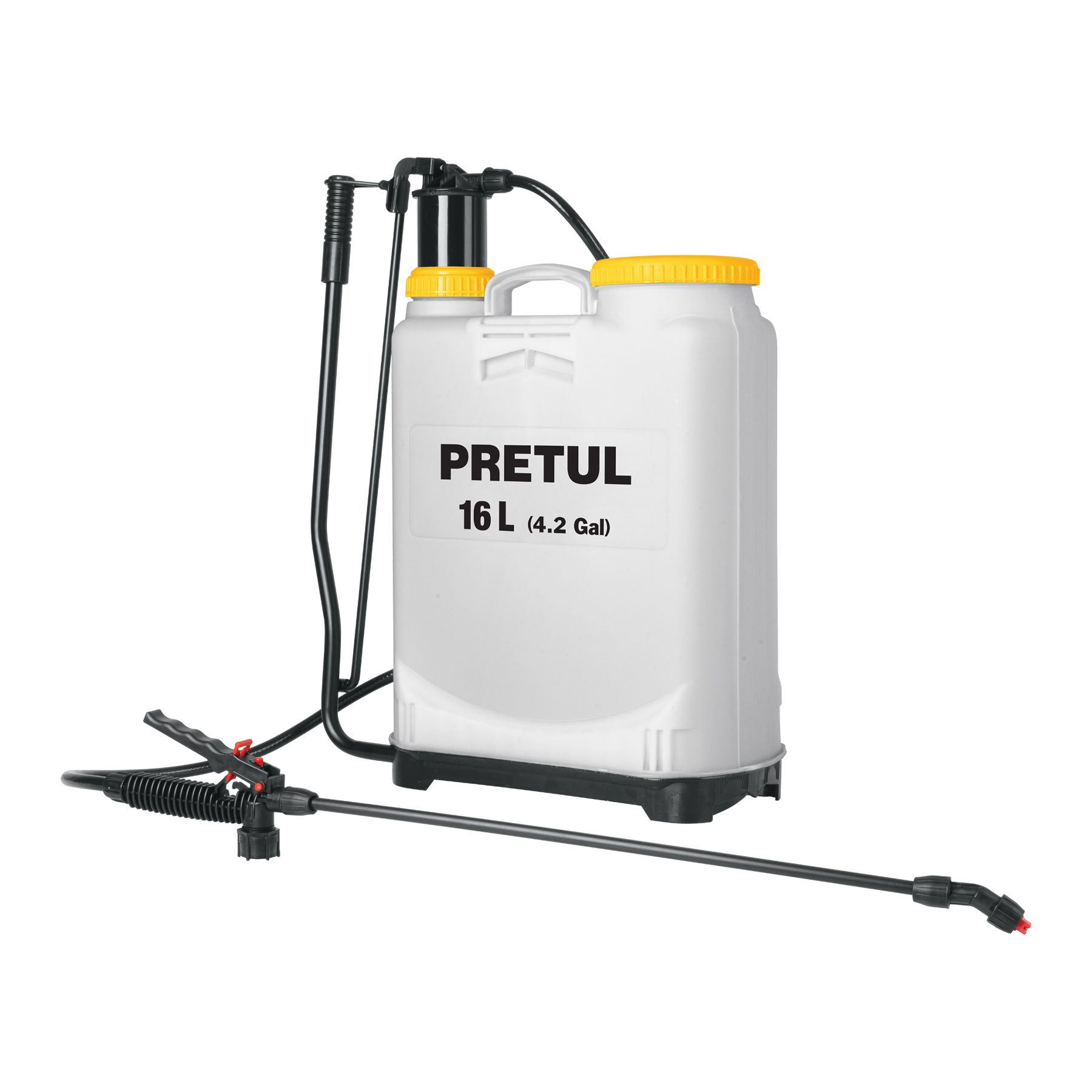 Pretul Manual Backpack Fumigator, 16 Liters Ability x 1/4 inch Hose Diameter x 56 Cm Long Spear x 1.20 Meter Hose Length x 3.1 Kg Weight, 44 PSI Working Pressure, Polypropylene Lances, Yellow, White & Black, 2 Polypropylene Nozzles (Cone-Fan), Translucent Tan 24584