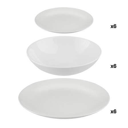 Secret de Gourmet Colorama 18-Pcs Dinner Set, Stoneware, White, Includes 6 x Dinner Plates (26 cm), 6 x Soup Bowl (21 cm), 6 x Dessert Plates (20 cm) 154520A