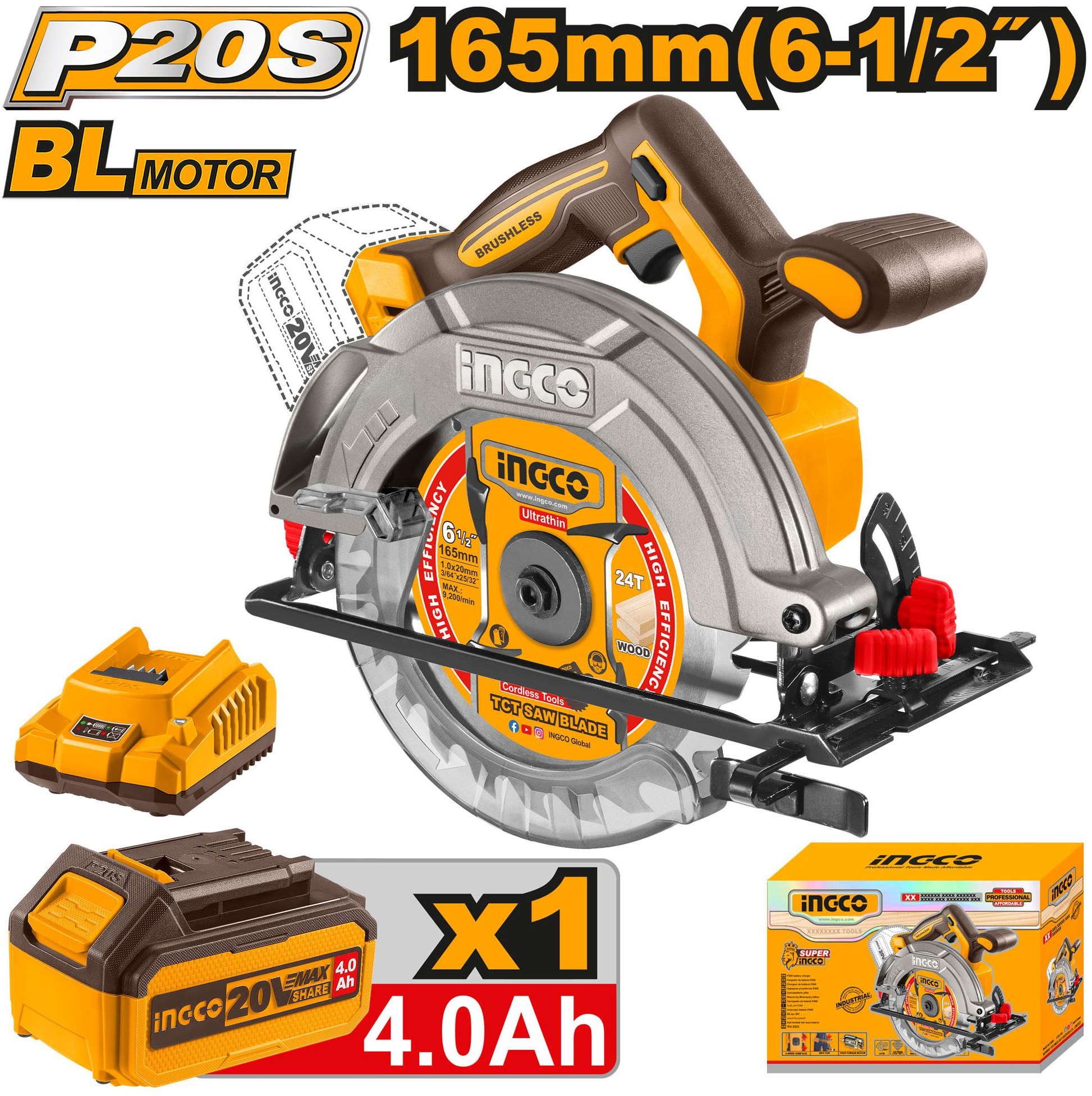 INGCO 20V brushless cordless circular saw with 165mm blade diameter and adjustable cutting depth and bevel , with a single battery and charger CSLI16521