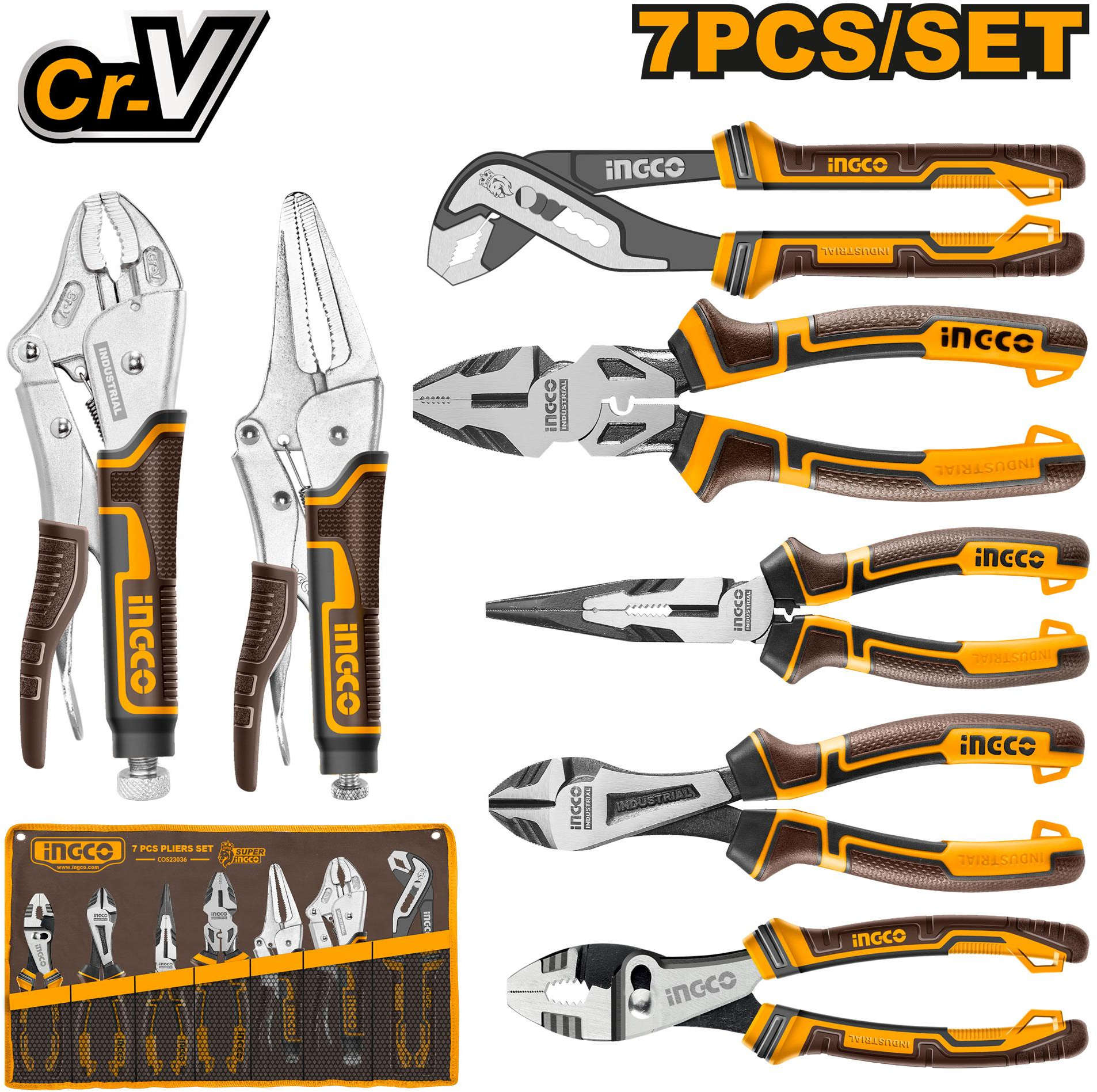INGCO 7 pcs high leverage pliers set with ergonomic grip and durable steel COS23036