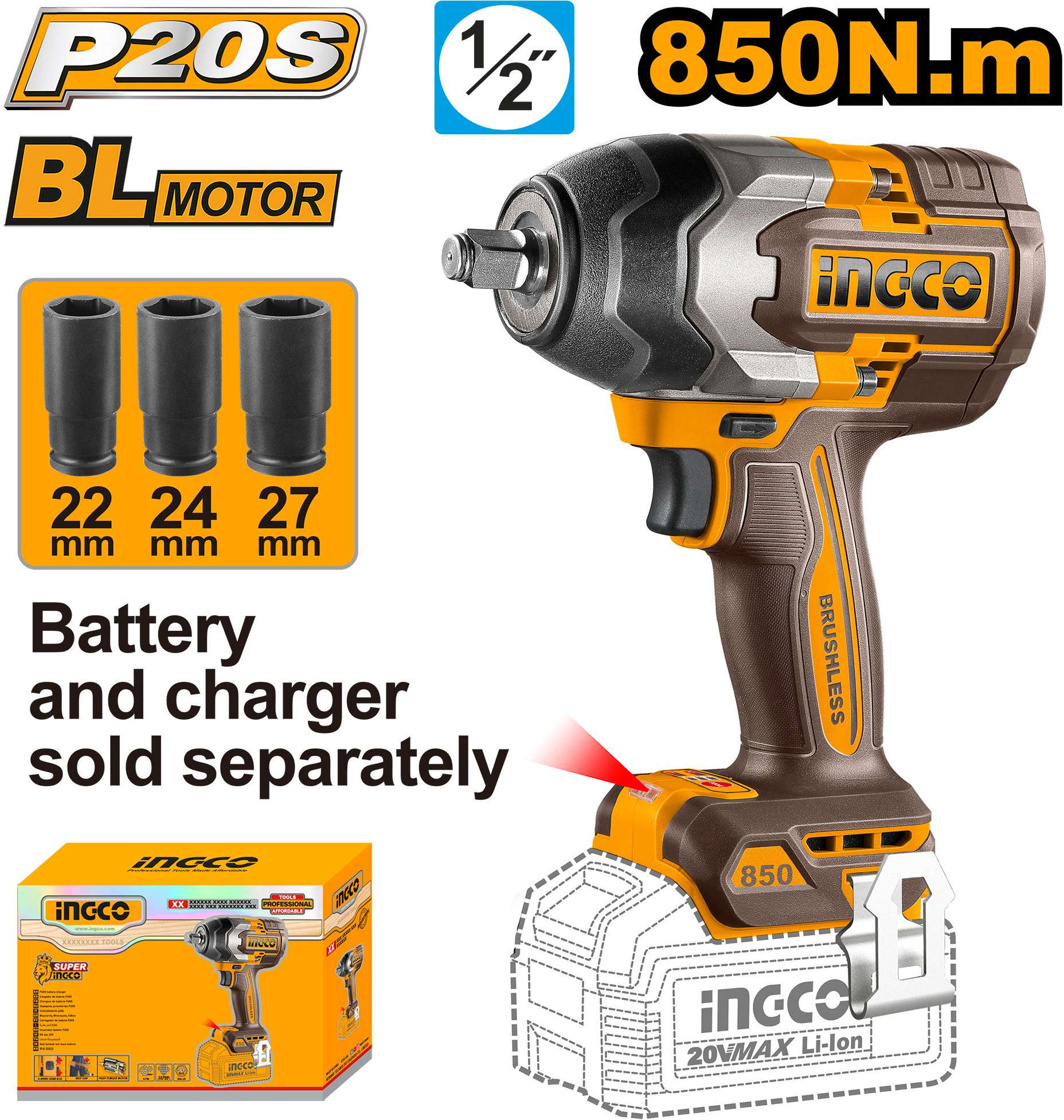 INGCO Cordless impact wrench 20V brushless motor 850Nm torque, Bare Unit CIWLI20851