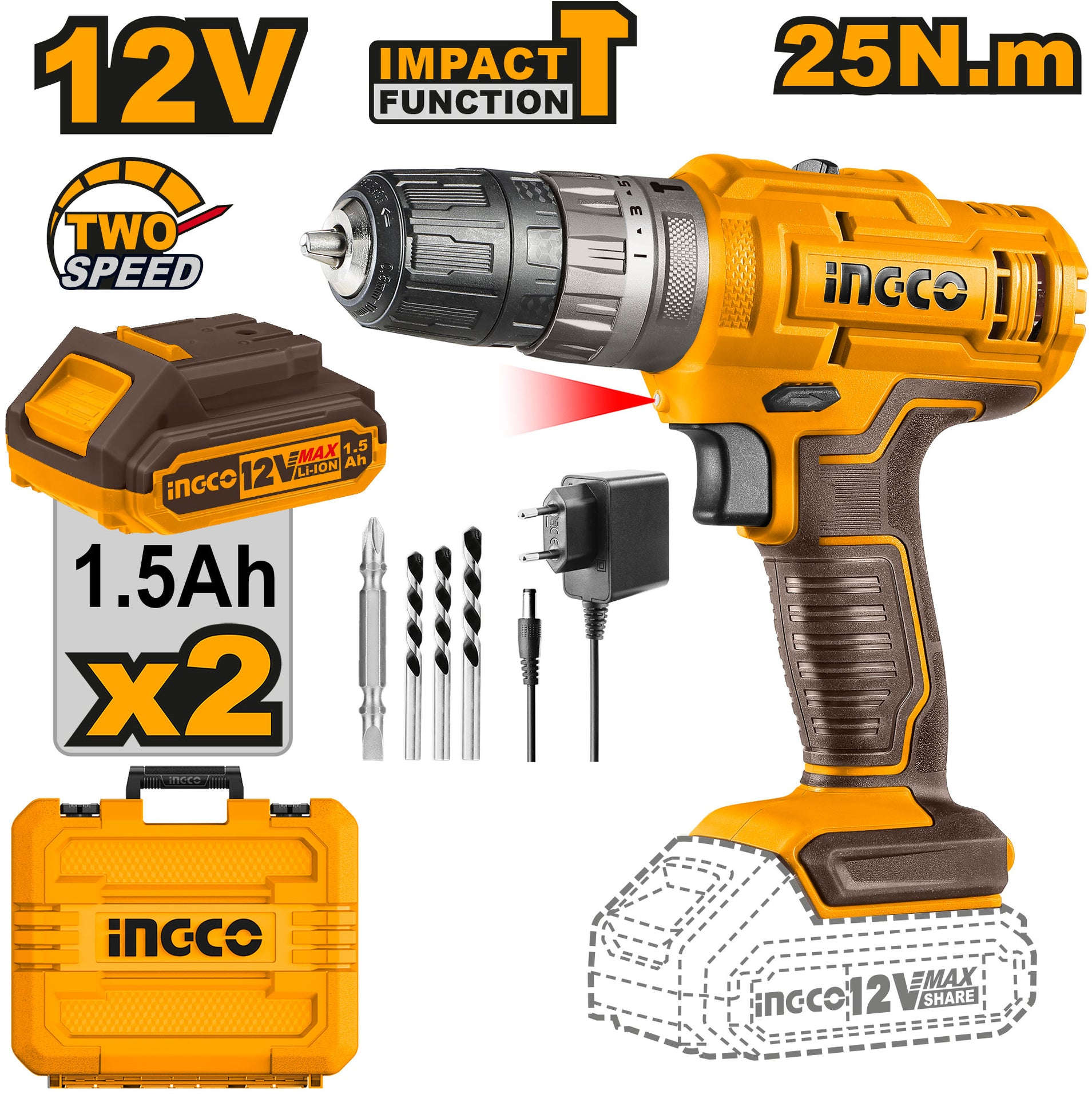 INGCO 12V cordless Li-ion impact drill with 25Nm torque and 2-speed gearbox, with 2 batteries and a charger CIDLI1228