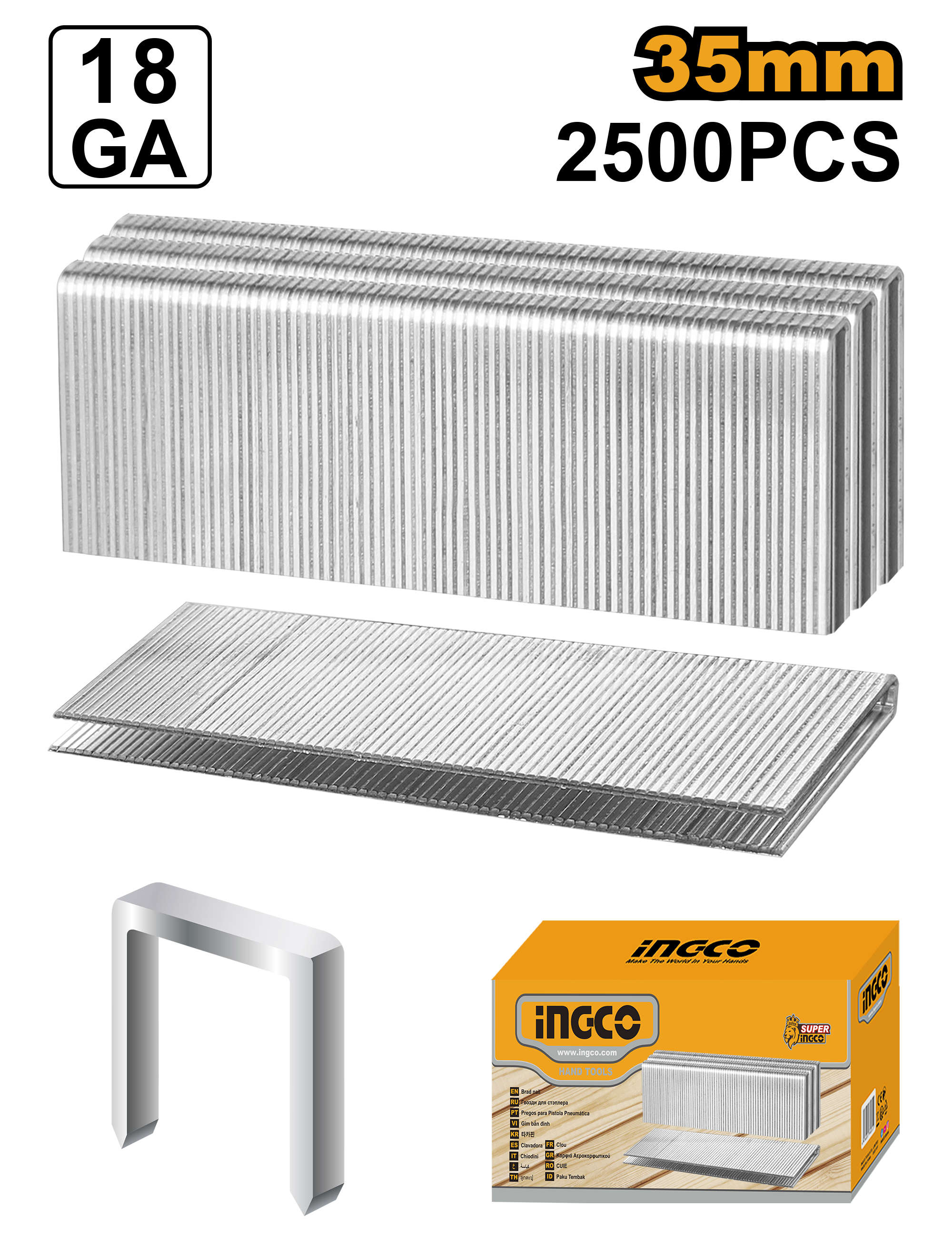 INGCO Crown staples 35mm leg length, 18 gauge wire, 5.7mm crown width, 2500 pieces per box AST18351