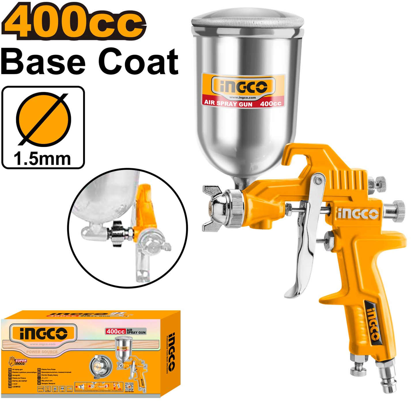 INGCO Gravity type air spray gun with 400cc paint capacity and 1.5mm nozzle ASG4042
