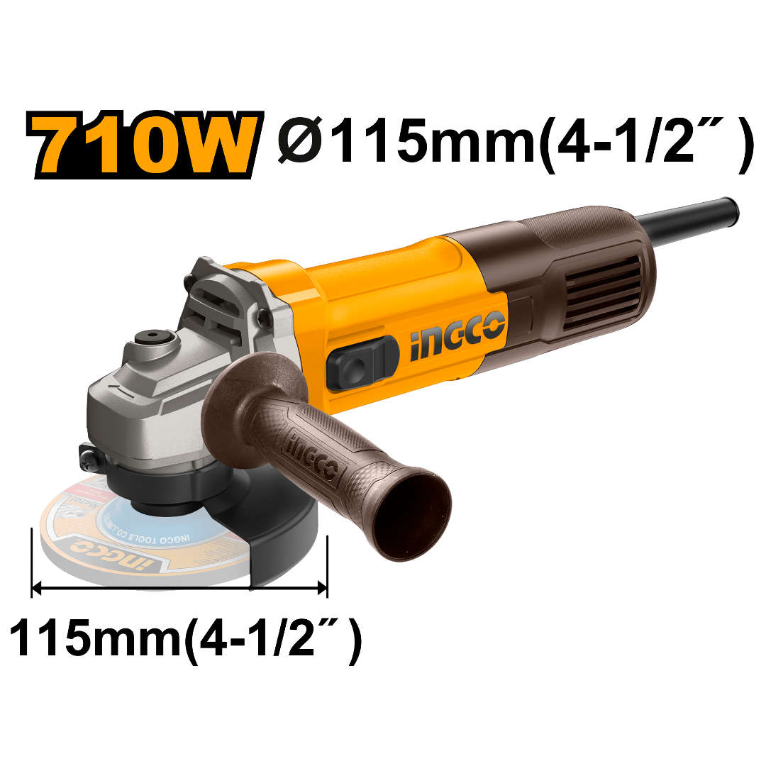 INGCO 710W 4-inch Angle Grinder with Adjustable Guard and Lock-On Switch AG7118
