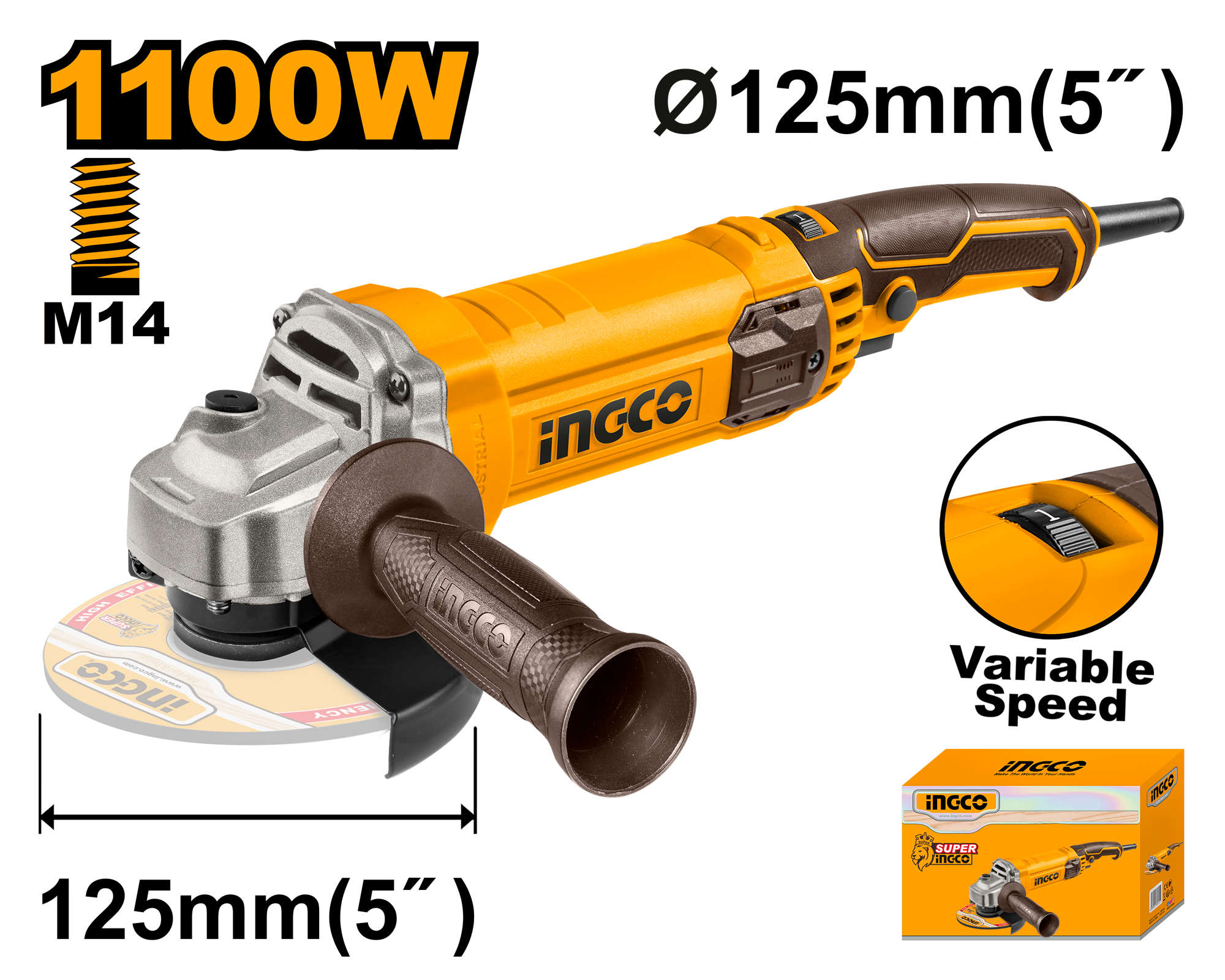 INGCO 1100W variable speed angle grinder with 125mm disc diameter and adjustable rpm AG1100385