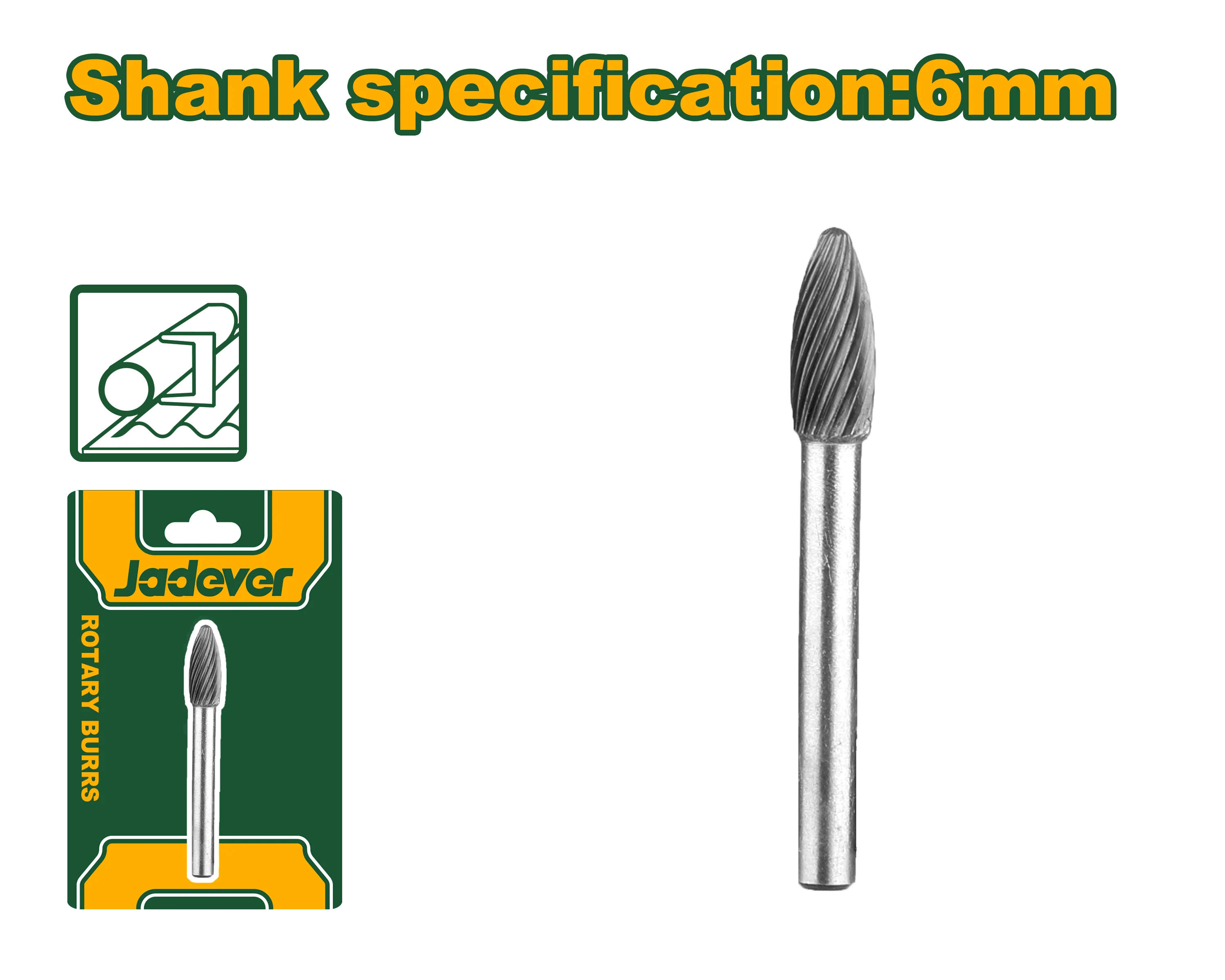 Jadever Tungsten carbide rotary burr conical flame shape, 6mm shank, 8mm head diameter JDYE3K03
