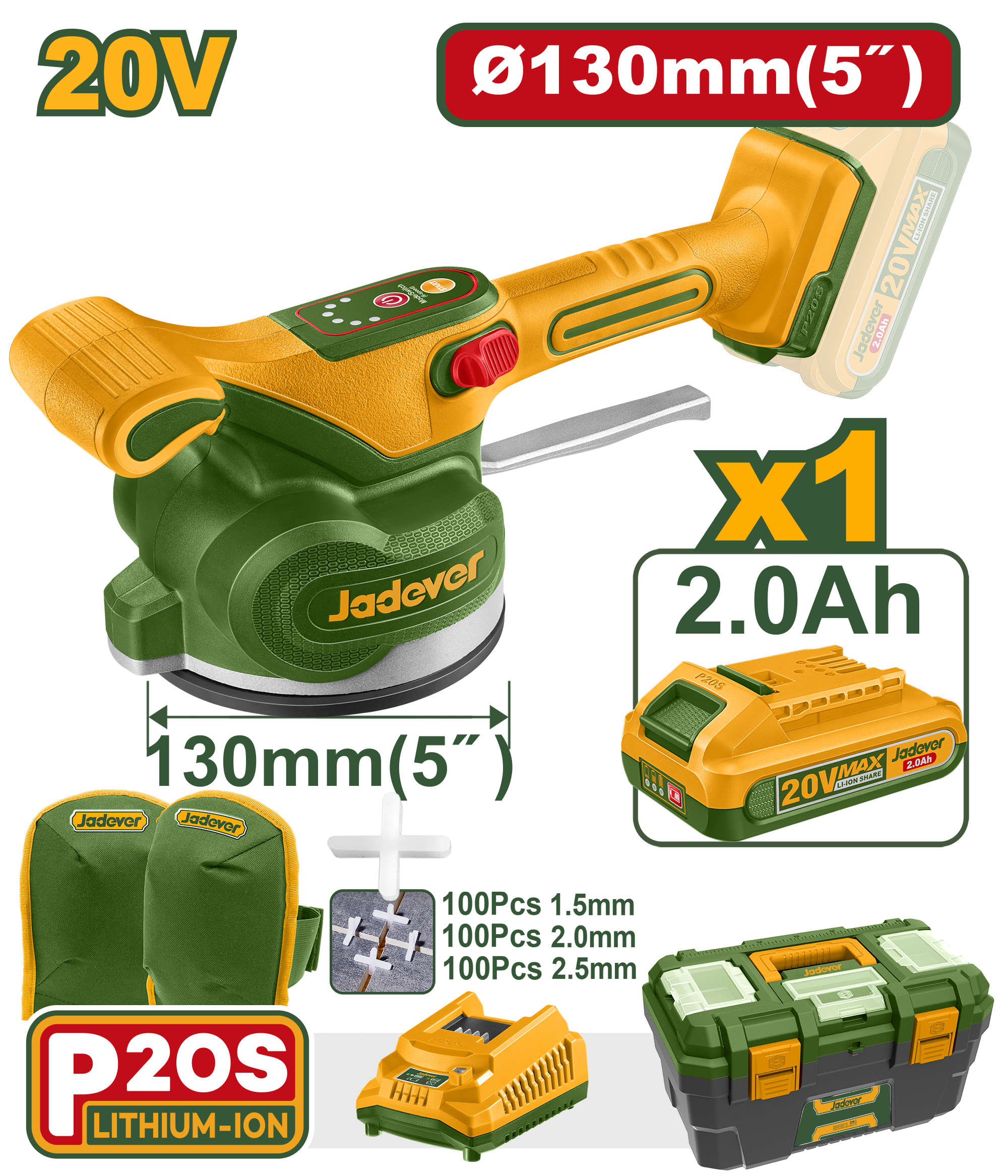 Jadever Cordless 20V Lithium-Ion Tile Vibration Machine with 5-Inch Pad and Adjustable Speed JDTVM1D125