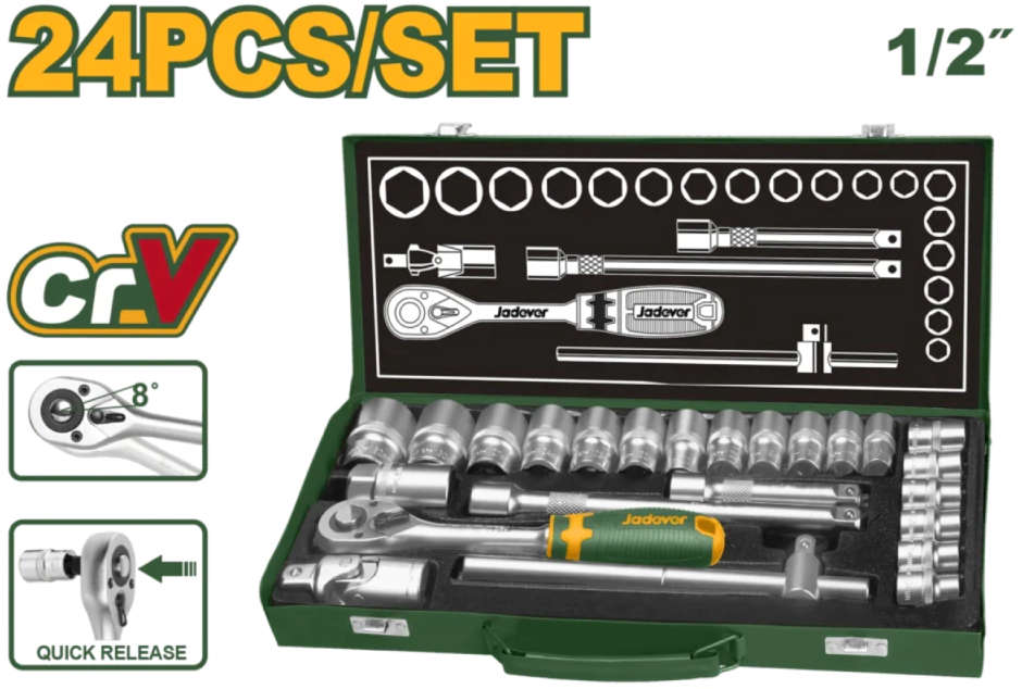 Jadever 24-piece 1/2" drive socket set with extension bars and ratchet handle JDST2L24