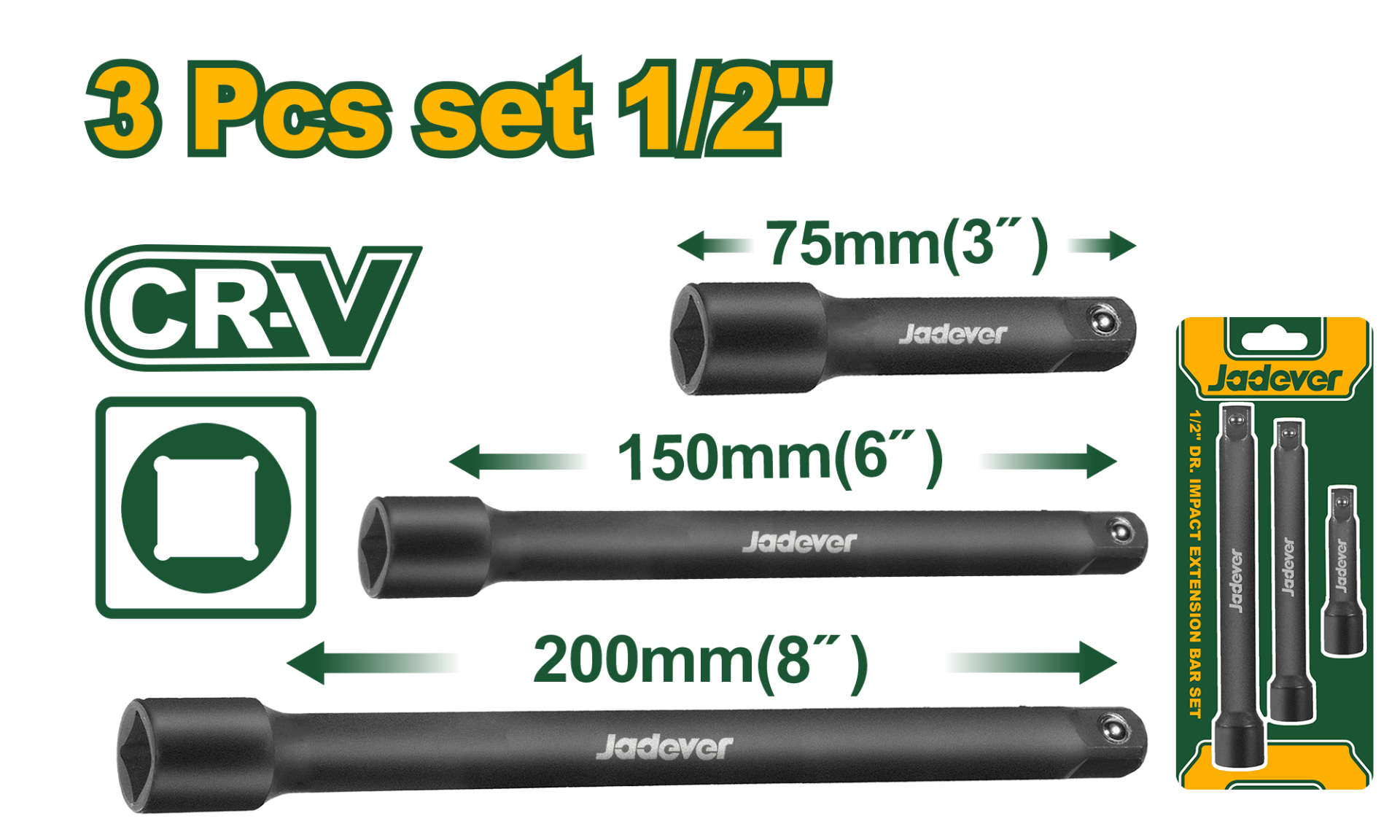 Jadever 1/2" Drive Impact Extension Bar Set with 3" and 6" Bars JDMS7403