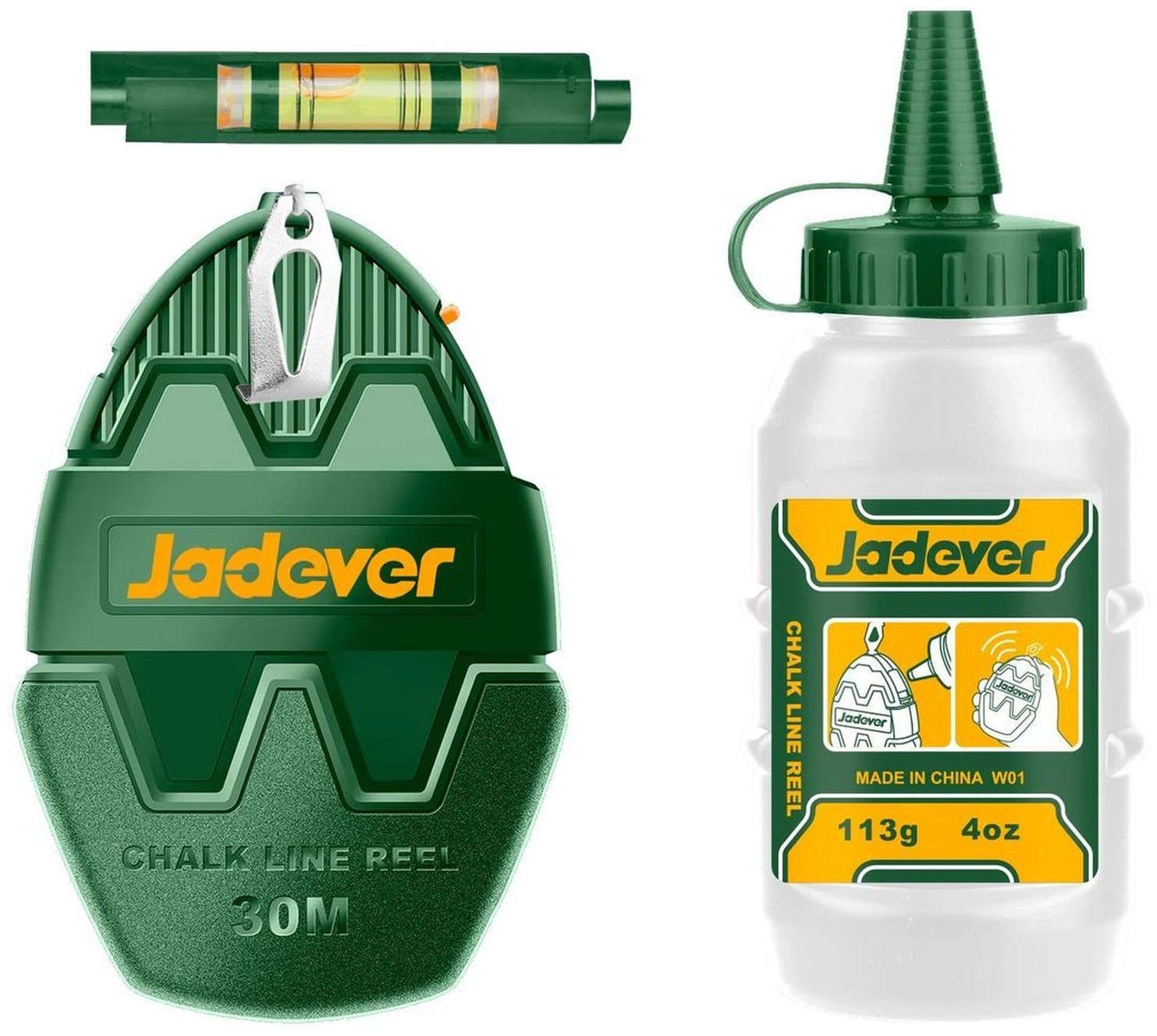 Jadever 30m Chalk Line Reel with Chalk Bottle, Spirit Bubble, and Blue Powder Bottle JDHX1630