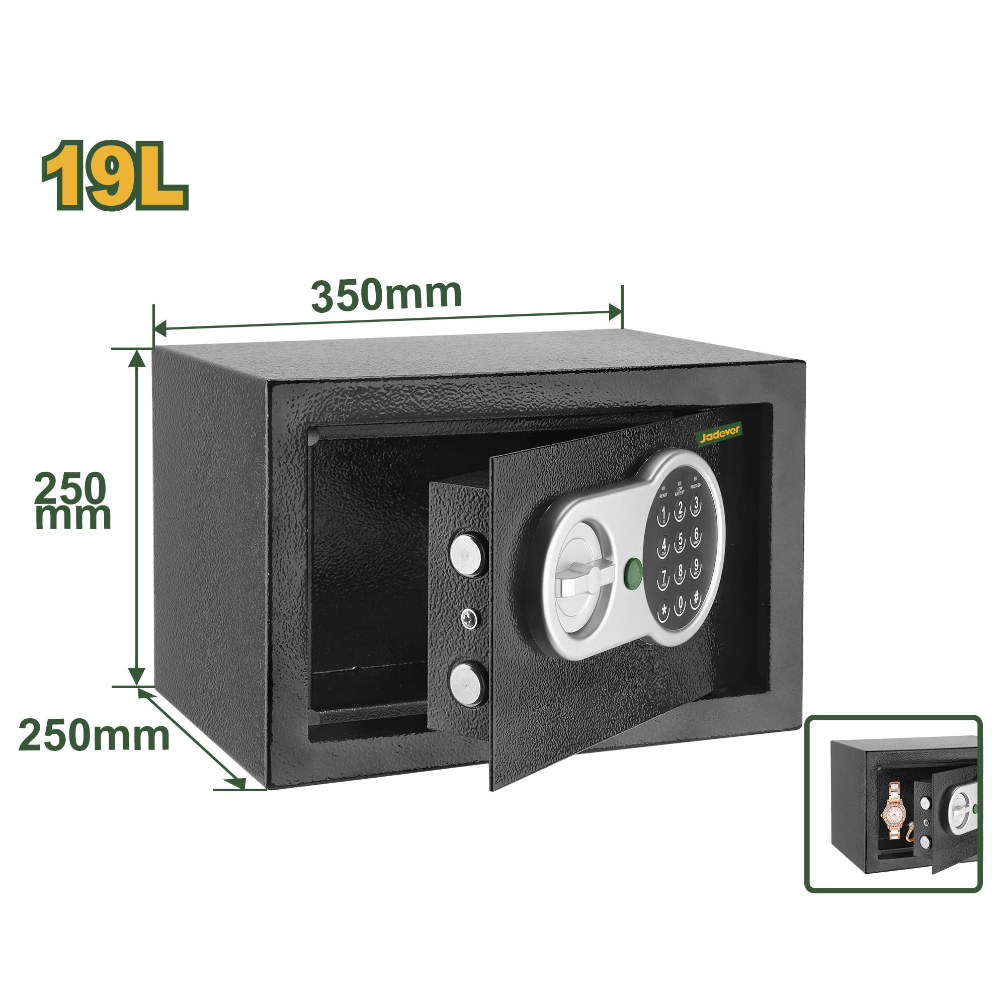 Jadever Electronic safe 19L capacity with programmable digital keypad and steel construction, 25×35×25 cm compact size JDEB1525