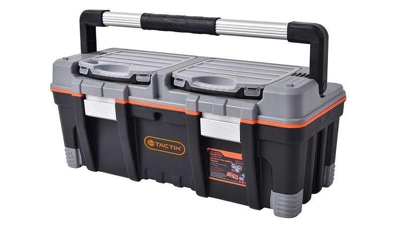 Tactix 26 inch Professional Tool Box, 66 W x 30.5 D x 28.3 H cm, 2 Removable Organizers, Full Length Aluminum Handle, Plastic, Black/Gray 320312