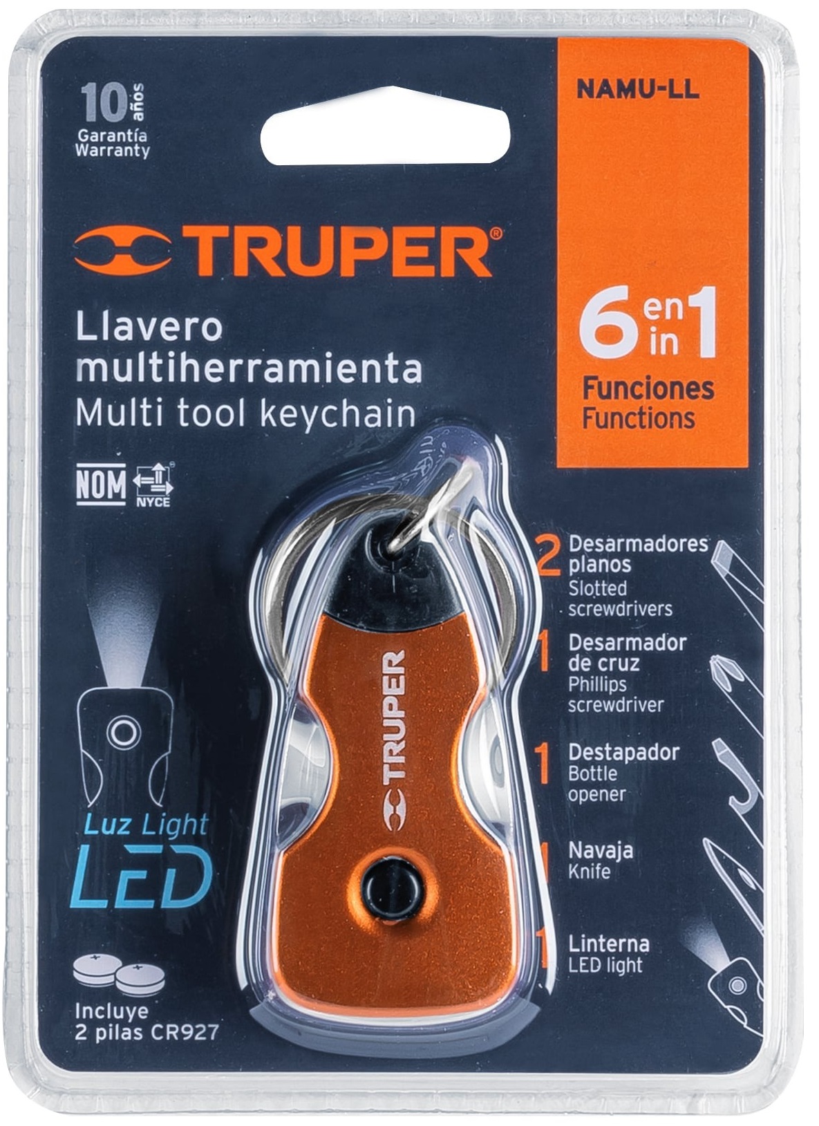 Truper 6-Function Multi-tool Keychain with LED Light, 2 CR927 3V Batteries 13336