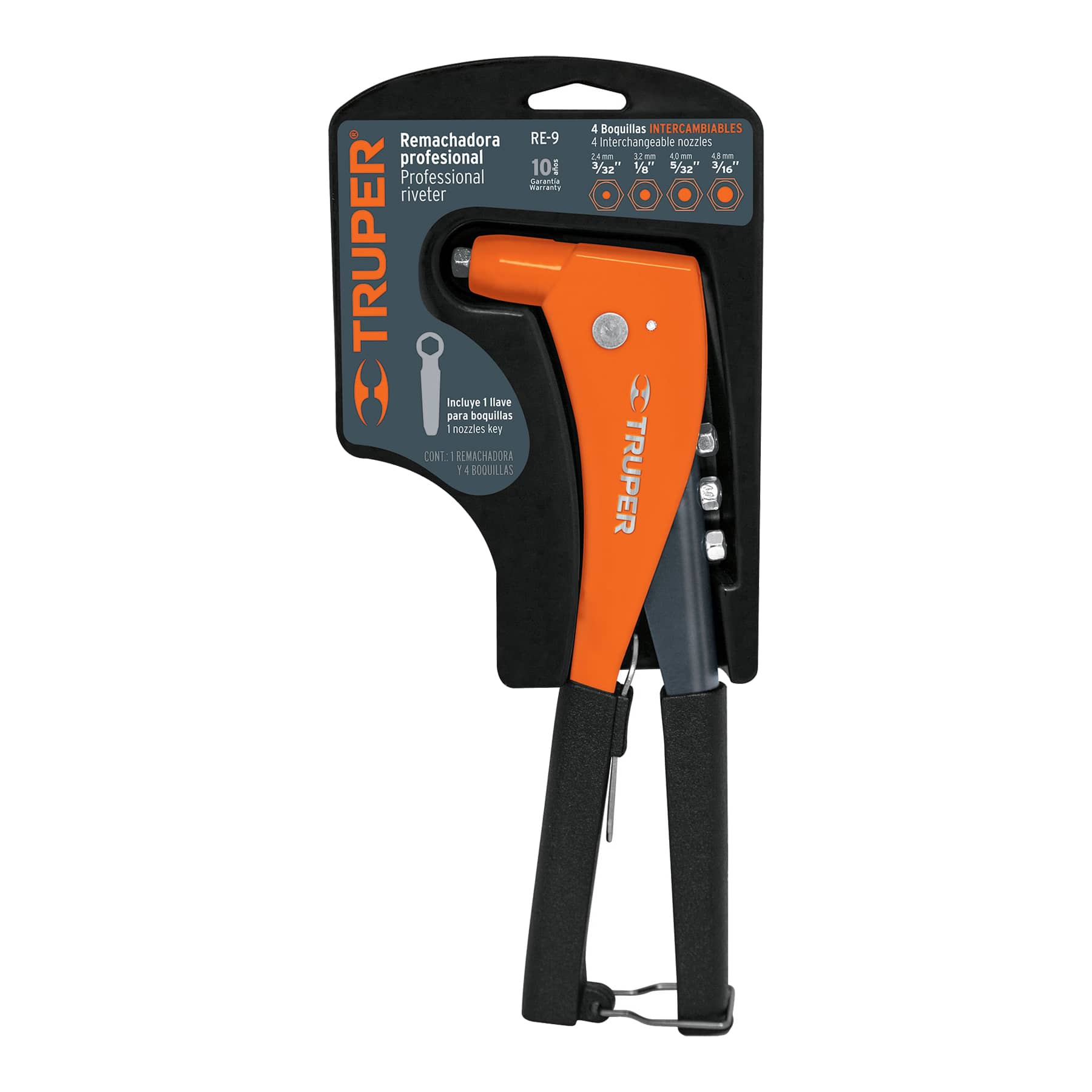 Truper 9 inch Professional Riveter, 4 Interchangeable Nozzles: 3/32 inch, 1/8 inch, 5/32 inch and 3/16 inch 17960
