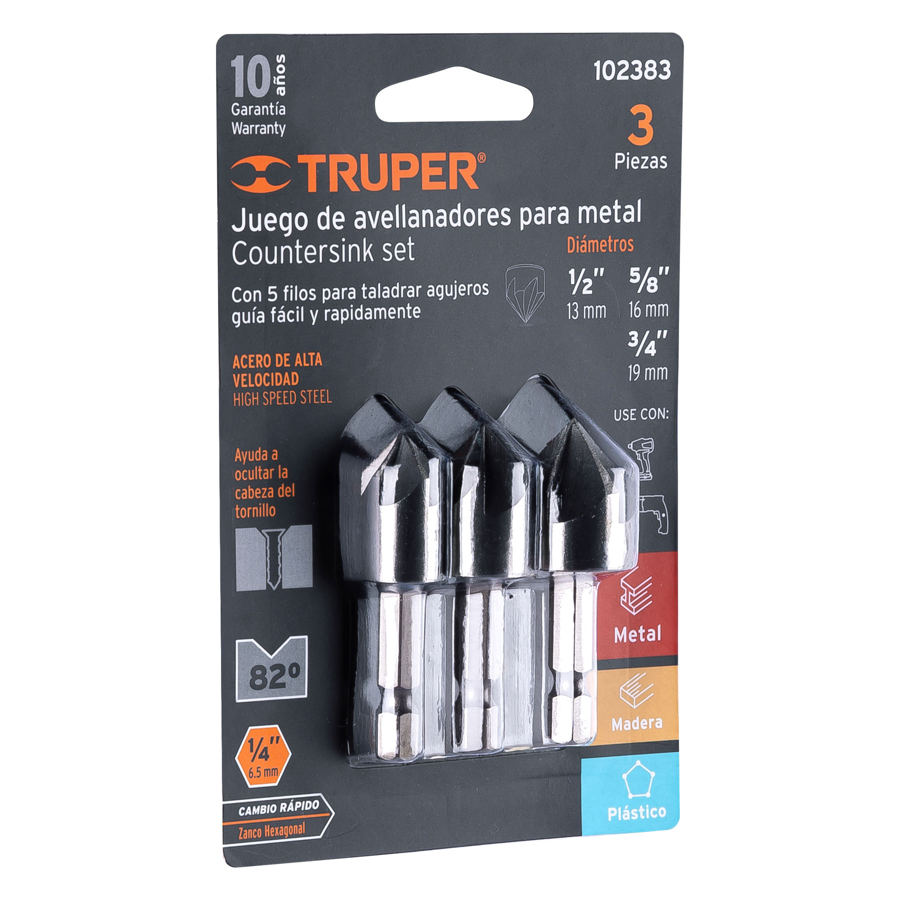 Truper 3-Pcs Countersink Set, High Speed Steel, For Metal, Wood & Plastic 102383