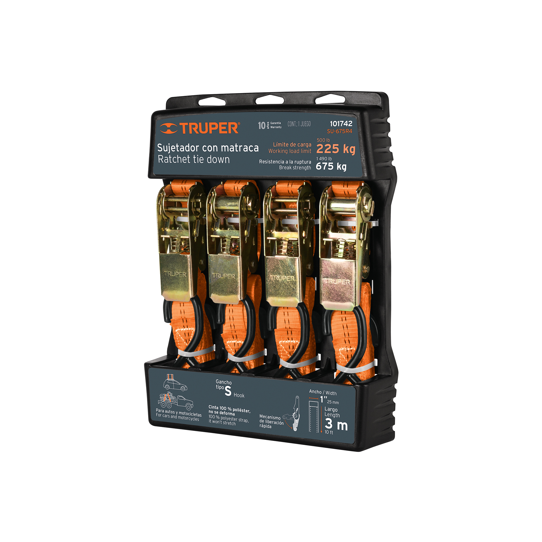 Truper 4-Pcs Ratchet Tie Down, 1 inch x 3 Mtrs, Working Load Limit 225 Kg, Break Strength 675 Kg, 100% Polyester, S-Hook 101742