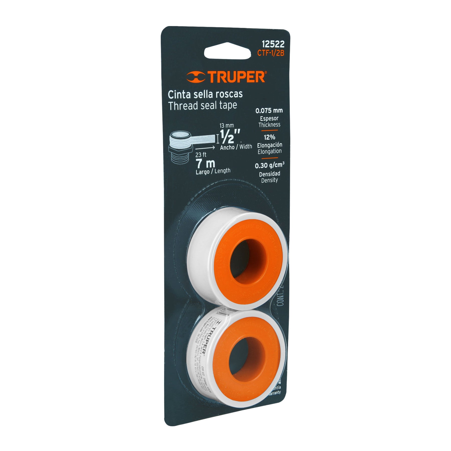Truper Thread Seal Tape, 1/2/ inch x 7 Mtrs, Pack of 2, General Use, 0.075 mm Thickness 12522