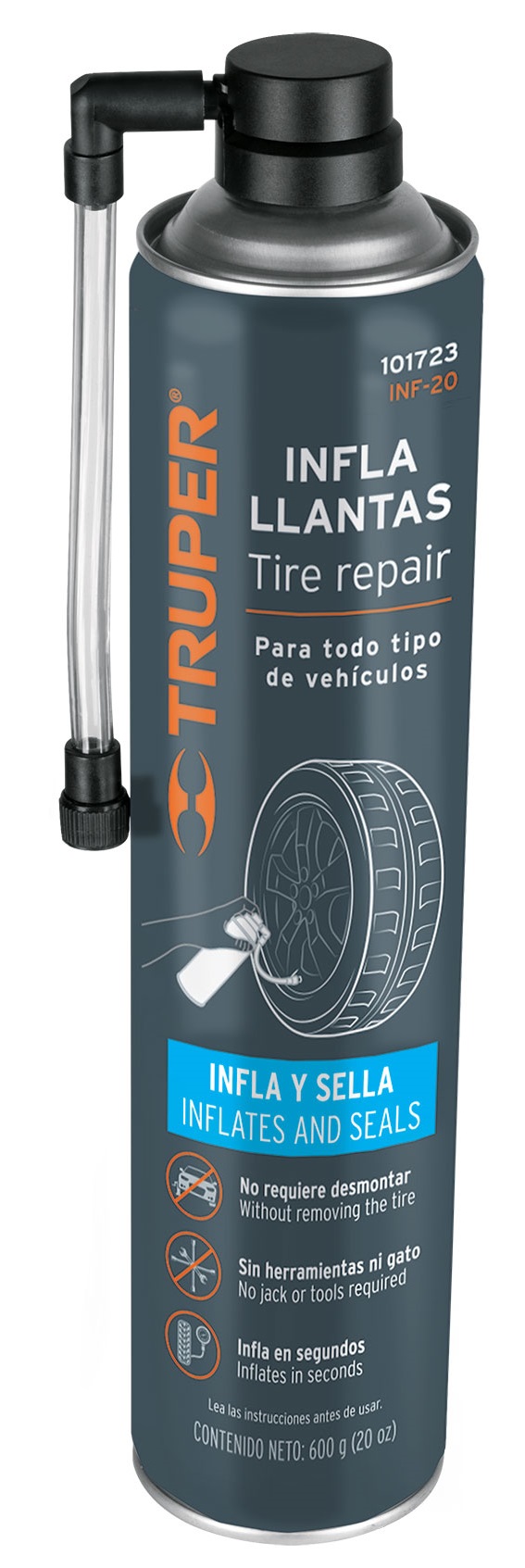 Truper Tire Repair, 591 ml. Inflates and Seals, For 16 inch - 20 inch Rims 101723