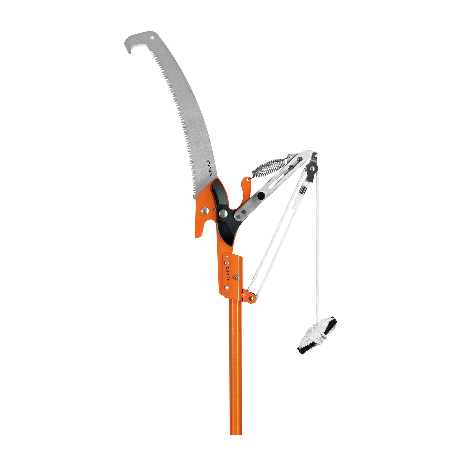 Truper Extendable Tree Saw and Pruner, 16 inch Blade Length x 1-1/4 inch Cutting Capacity x 3.60 Meter Maximum Extension, 5 Teeth Per Inch, SK5 Steel Blade, Telescopic Fiberglass Handle, Black/Orange, Silver, High Branch Cutter with Telescopic Handle, Fiberglass, 18410