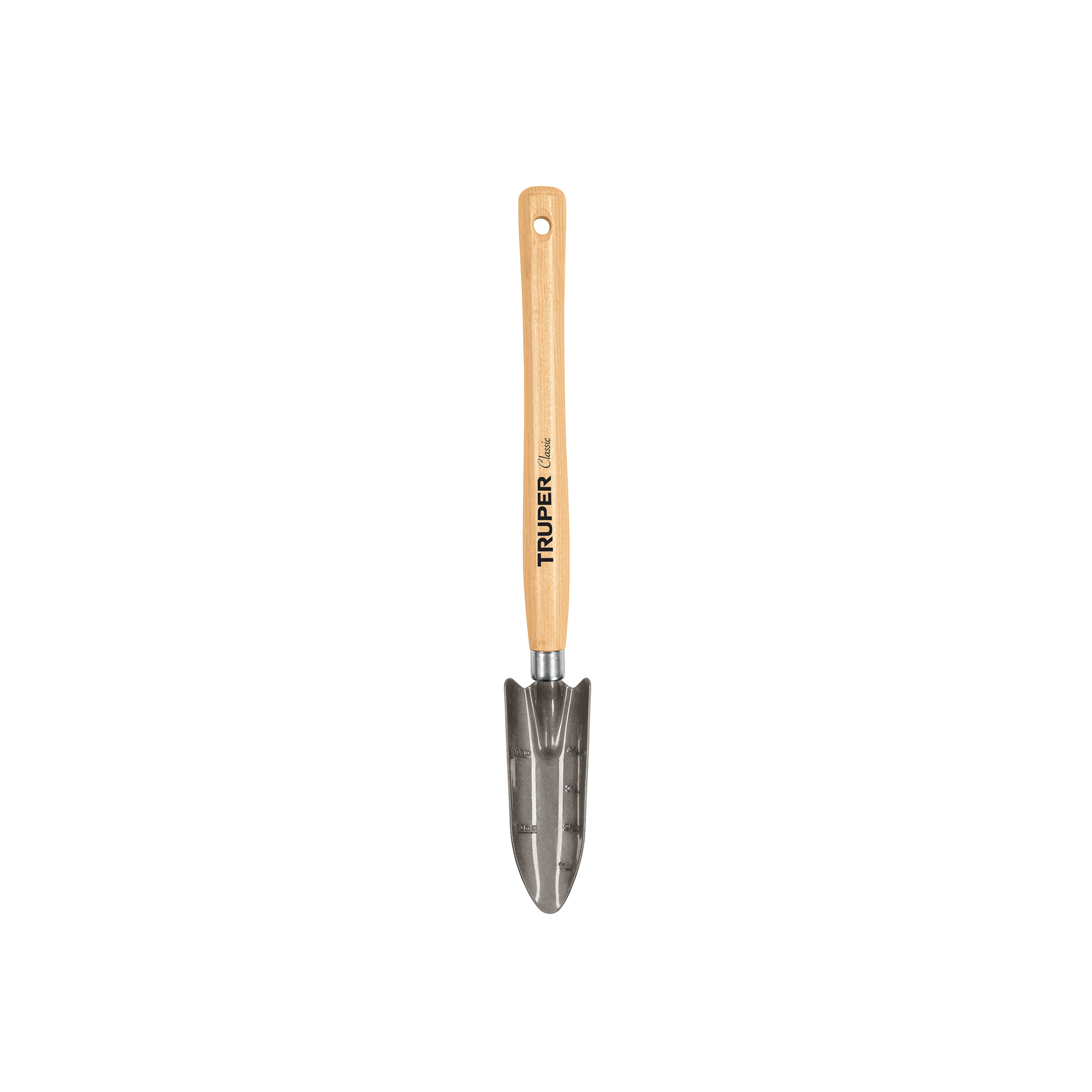 Truper Garden Transplanter, 12-1/4 inch Length Handle x 6-3/16 inch x 2-1/4 inch Head, Carbon Steel Head, Wooden, Gray, Wooden Handle with Hanging Hole, For Gardening and Horticulture, Graduated Ruler for Measuring Depth 15034