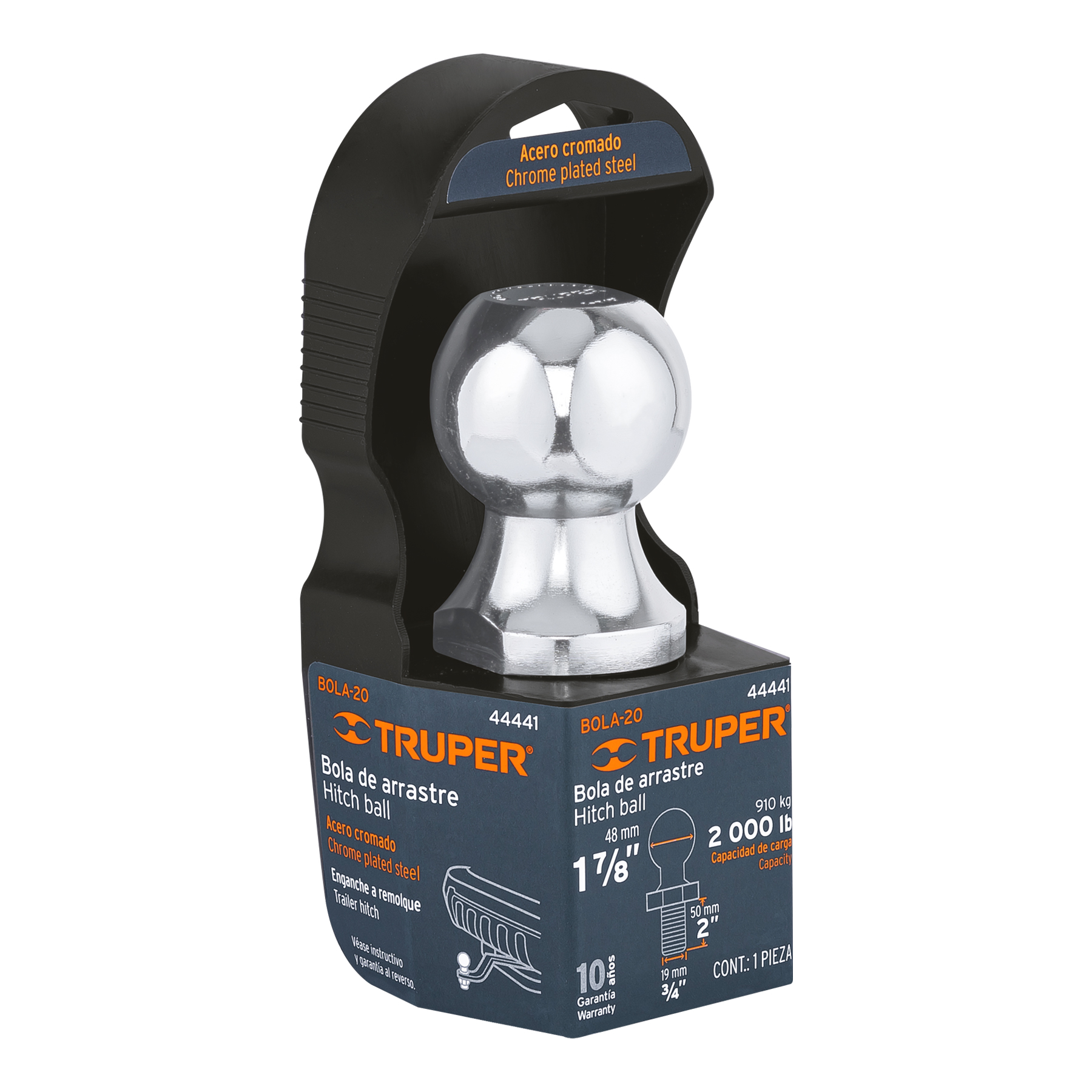 Truper Hitch Ball, 48 mm, Capacity 910 KG, Corrosion-Resistant, Chrome Plated Steel 44441