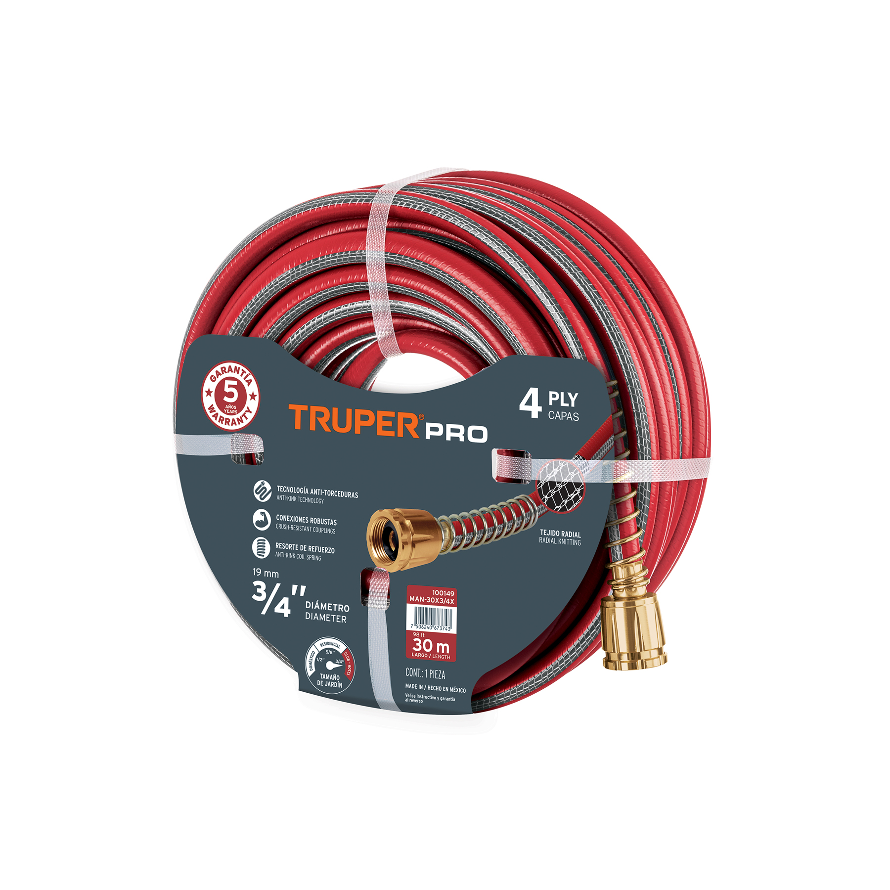 Truper Pro 4-Layer Hose, 30 Meter Length x 3/4 inch Diameter x 2.2 MM Thickness x 1/2 inch Diameter, 17 kgf/cm? Working Pressure, 140 Gram Weight Per Meter, Metal Connections, High-Pressure Radial Fabric Reinforced Hose, Red, Super Reinforced, Robust Metal Connec 19793
