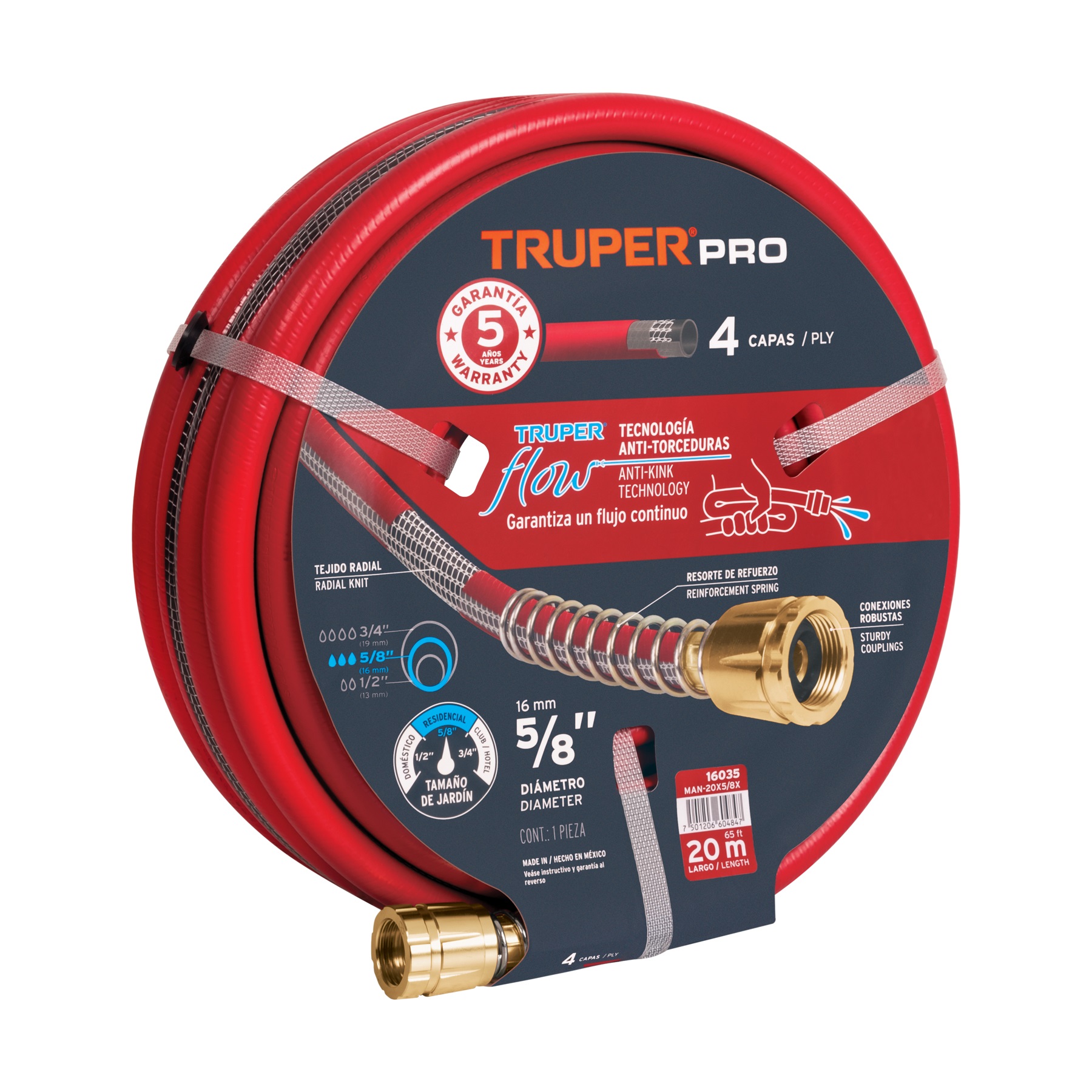 Truper Pro 4-Ply Garden Hose, 5/8 inch x 20 Mtrs, Anti-Kink Technology, Heavy Duty 16035