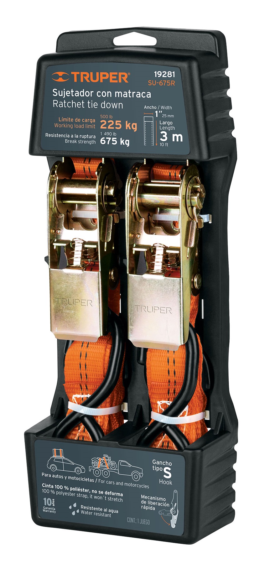 Truper Ratchet Tie Down, 25 mm x 3 Mtrs, Working Load Limit 225 KG, Break Strength 675 KG, 100% Ployester Straps, S Hooks 19300