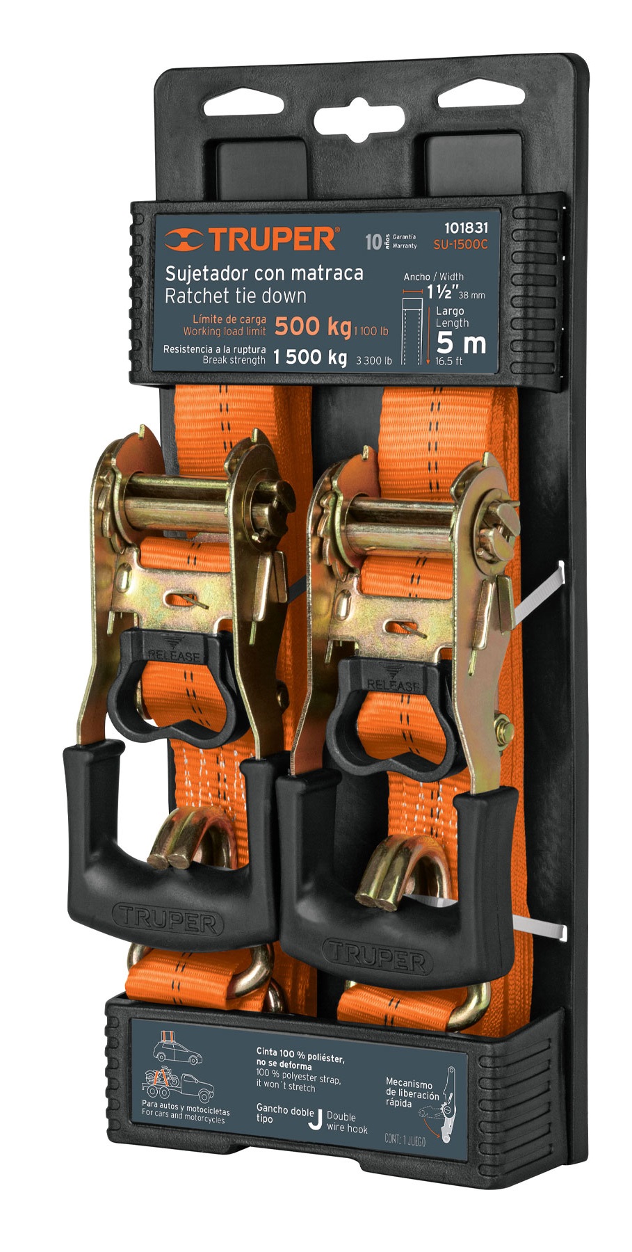 Truper Ratchet Tie Down, 38 mm x 5 Mtrs, Working Load Limit 500 KG, Break Strength 1,500 KG, Double J Wire Hooks 101831