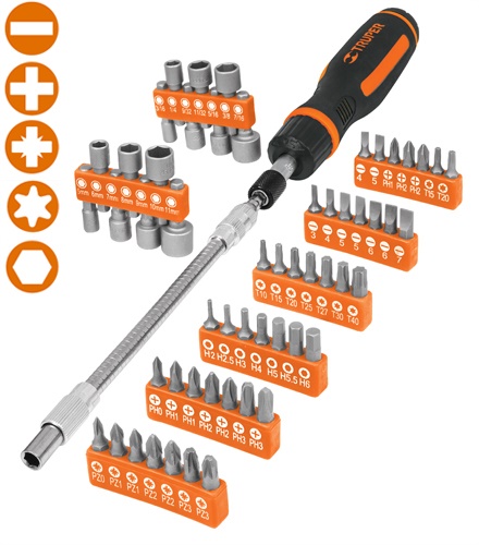 Truper Ratcheting Screwdriver, 42-Bit and 14-Socket Set 18220