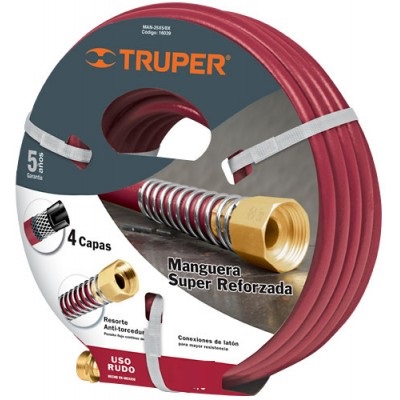 Truper 4-Ply Garden Hose, 5/8 inch x 29.87 m, Heavy Duty, Reinforced Brass Couplings 16040