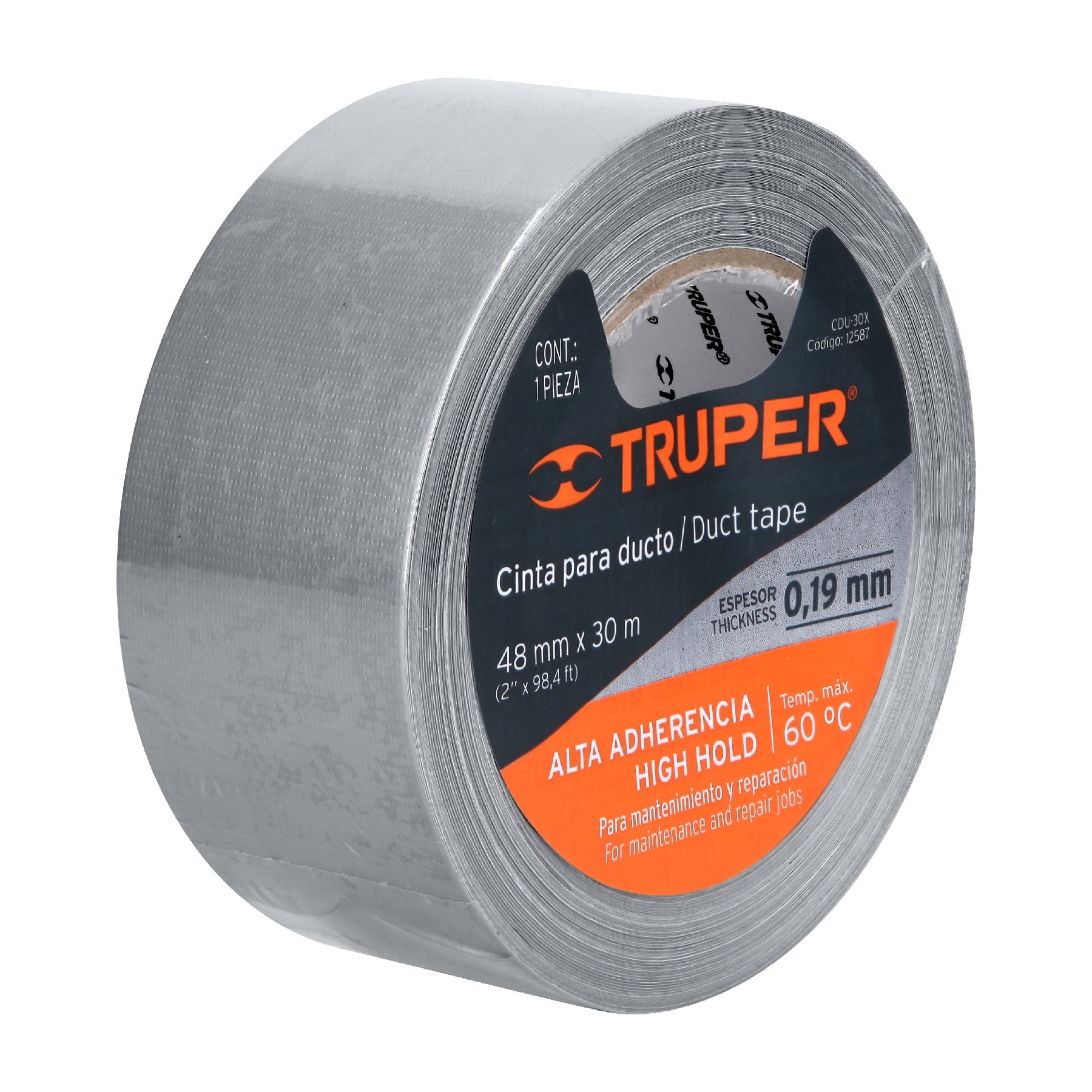Truper Duct Tape, 48 mm x 30 Mtrs, Thickness 0.19 mm, Max. Temperature 60 Deg. Cel. Gray Color 12587