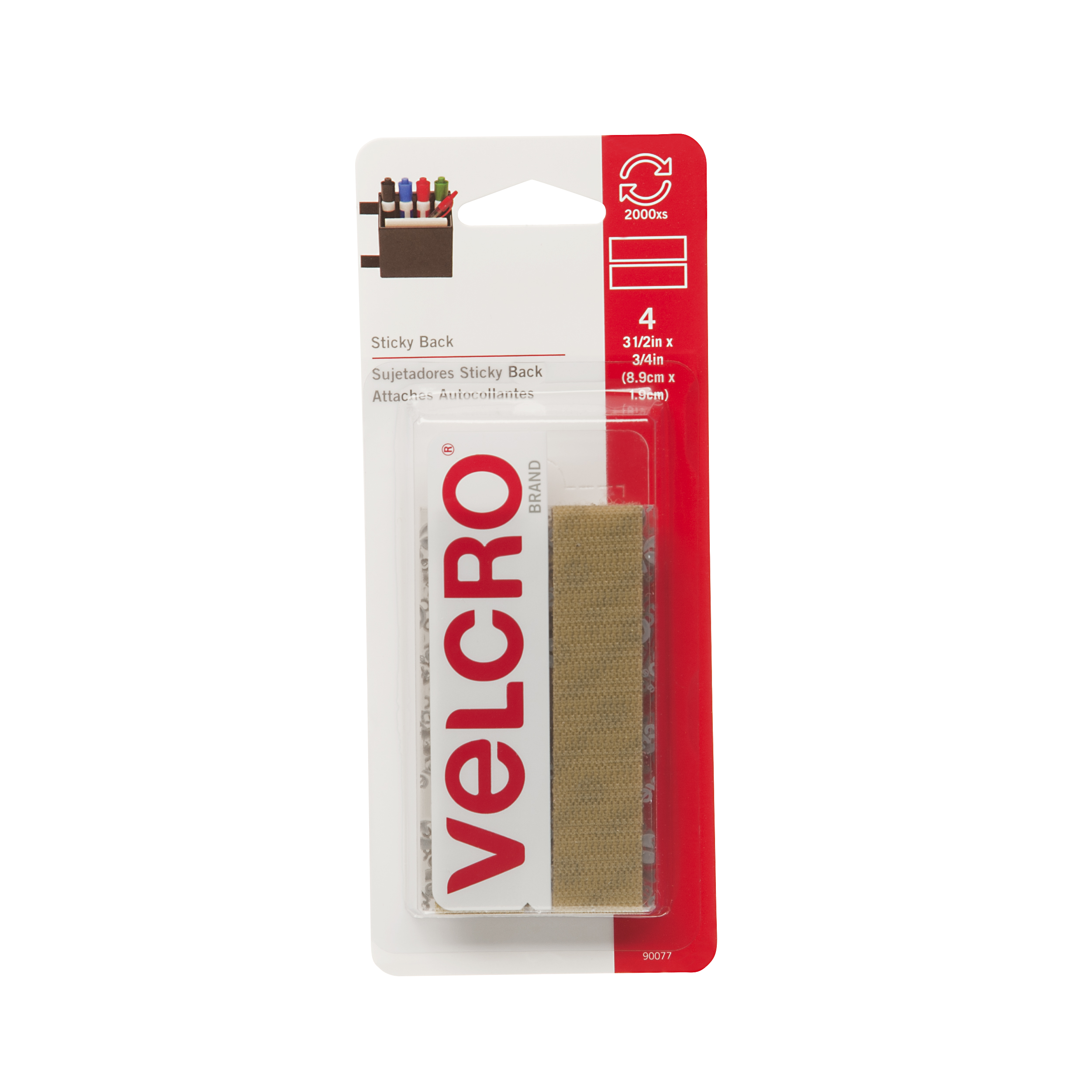 Velcro Self Adhesive Strips, 3.5 inch x 3/4 inch, Pack of 4, Beige 90077