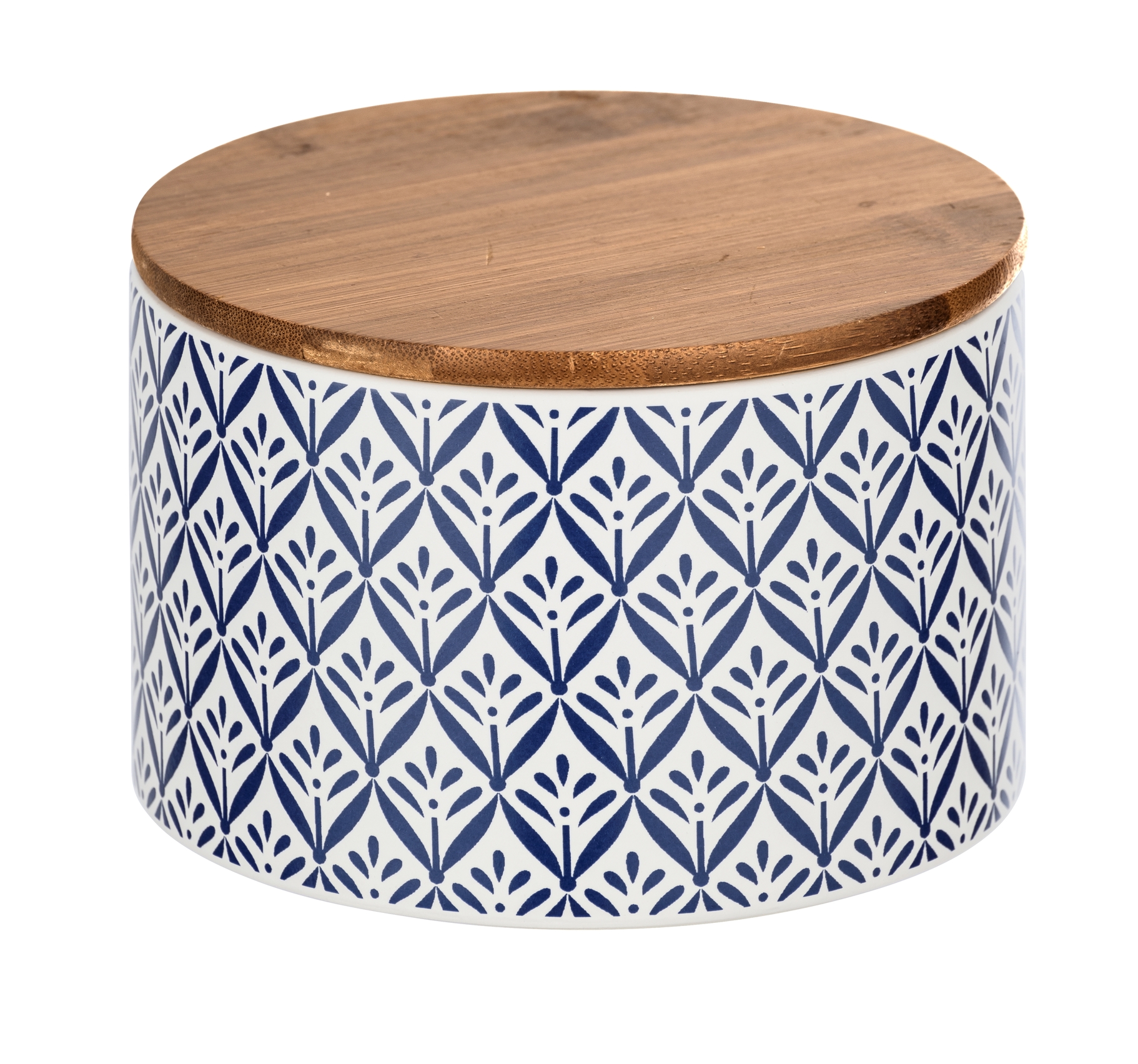 Wenko Lorca Round Storage Container, 750 ml, Dia 14 cm, Ceramic/Bamboo, Blue/White 54100000