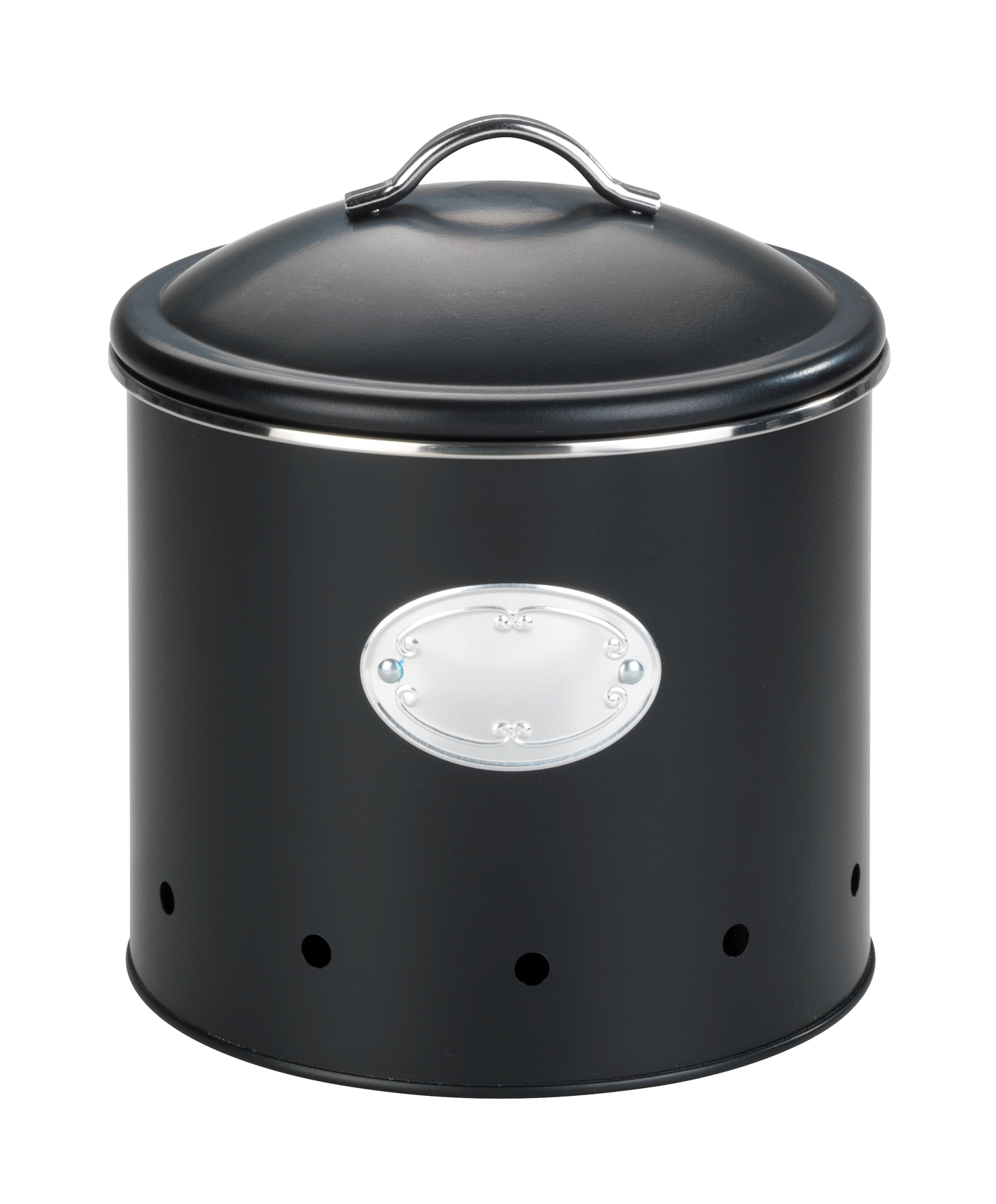 Wenko Nero Round Storage Container with Holes, 4 Ltrs, Dia 18.7 cm, Powder Coated Metal, Black 54100000