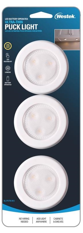 Westek LED Puck Light, 50 Lumens, Pack of 3, Battery Powered, Ultra Slim, White, Includes 3M Tape & Mounting Screws BL-PUTN-W3