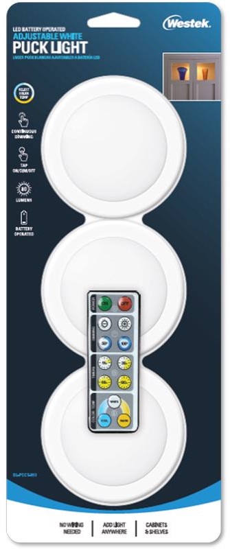 Westek LED Westek Puck Light with Remote, Pack of 3, Warm White/Natural White/Cool White BL-PCCT-W3