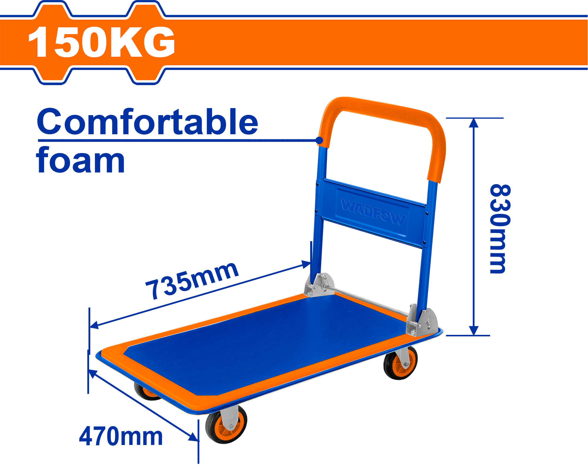 WADFOW Foldable platform hand truck with 150kg load capacity, steel frame and comfortable foam handle WWB1315