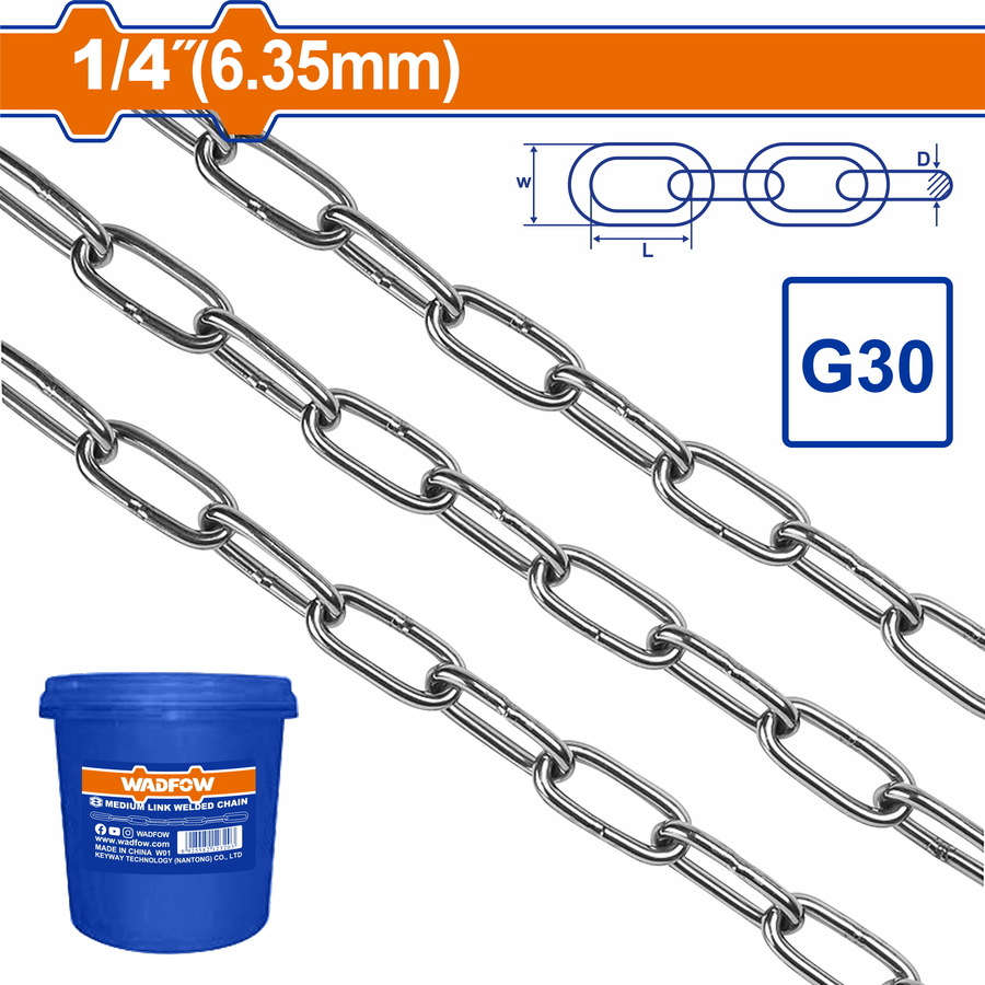 WADFOW Medium link welded chain 6.3mm, 37m length, zinc-plated grade 30 corrosion resistant WTLT1B06
