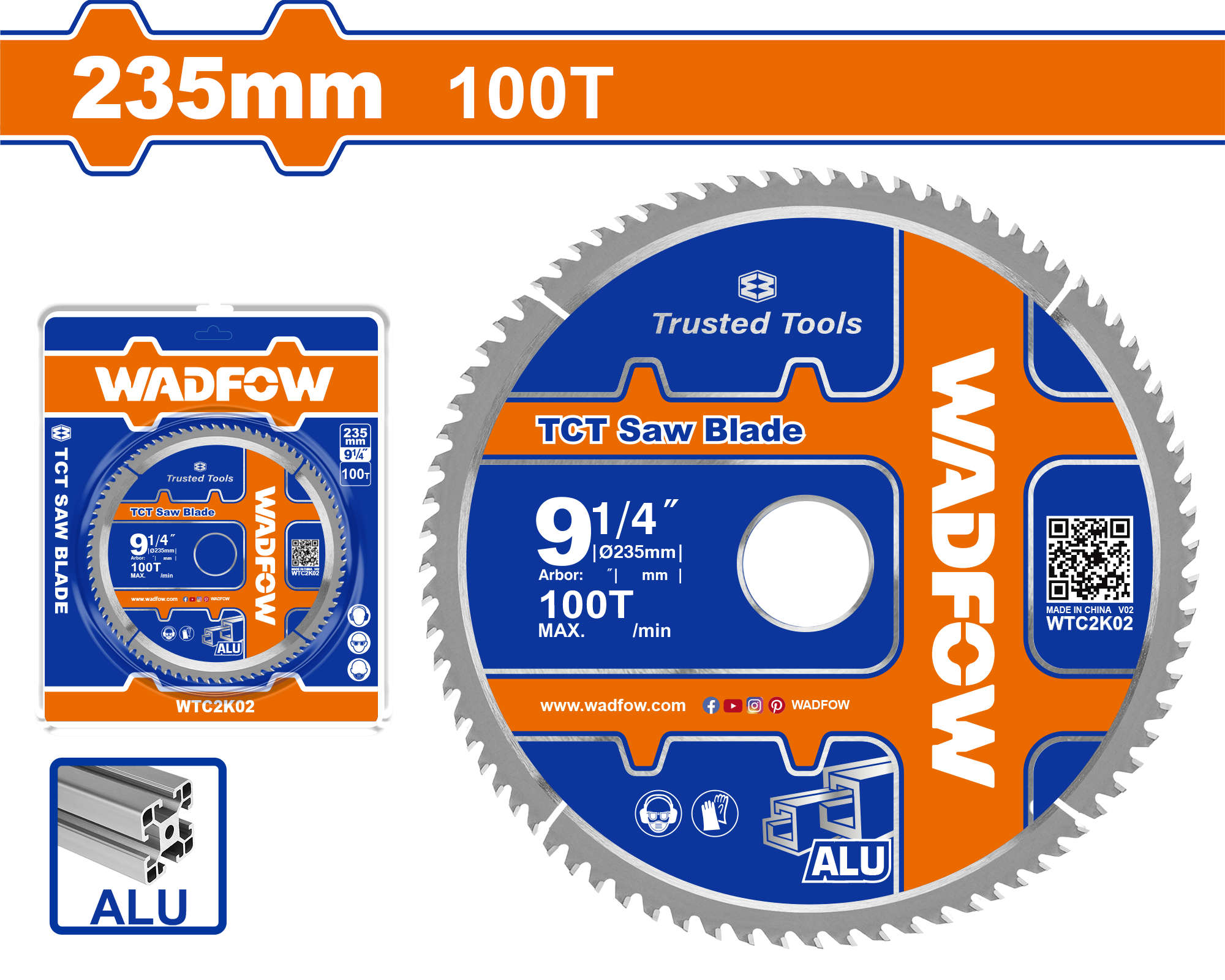 WADFOW TCT Saw Blade for Aluminum Cutting (235mm, 100T, 16mm reducer) WTC2K02