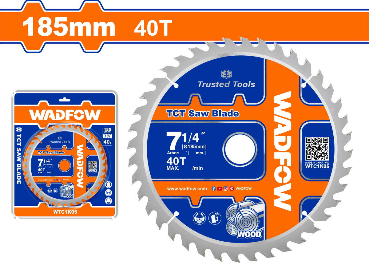 WADFOW TCT saw blade 185mm diameter 40 teeth with 16mm reduction ring for wood cutting WTC1K05